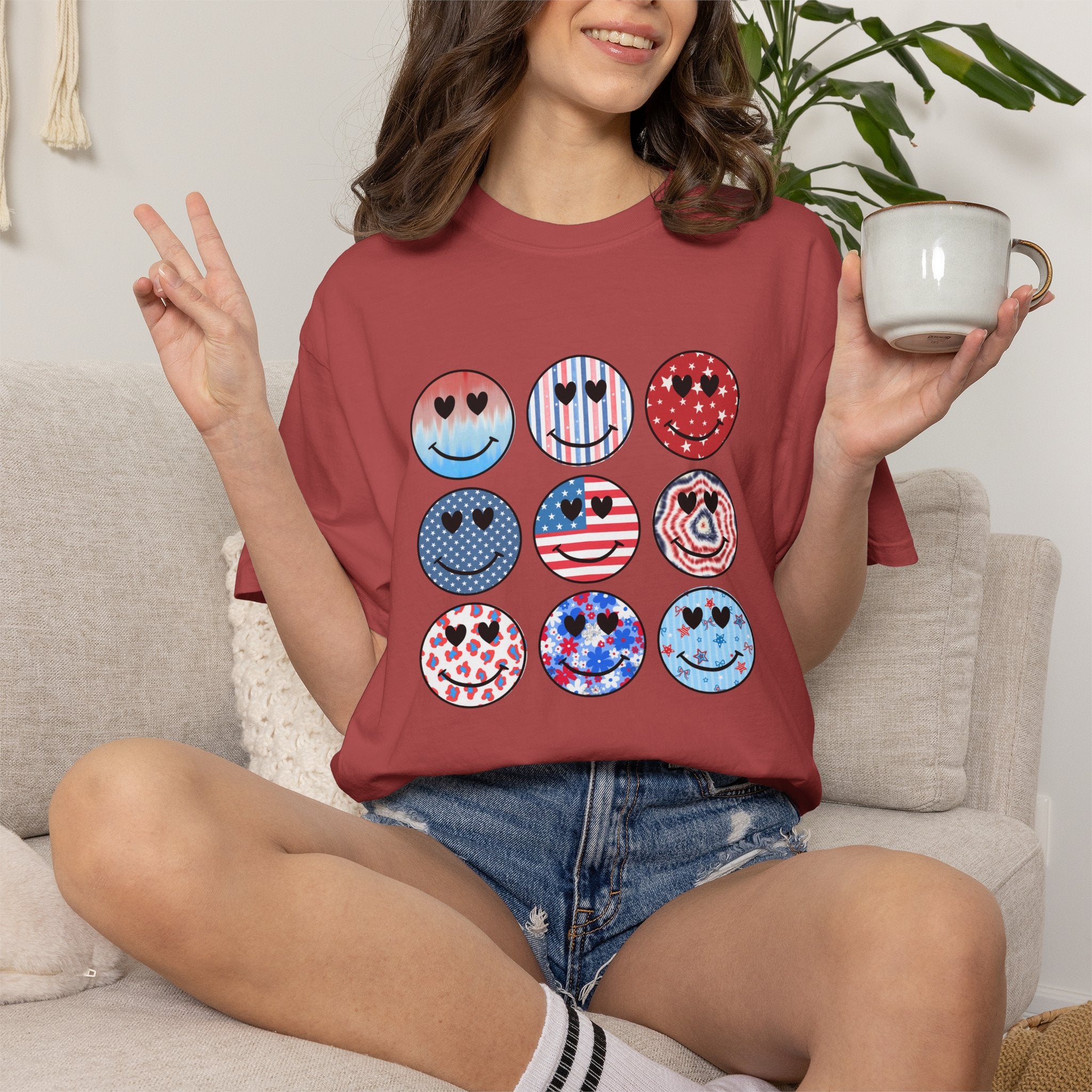 Smiley Icon Grid T-Shirt — Patriotic & Hearts Graphic Tee