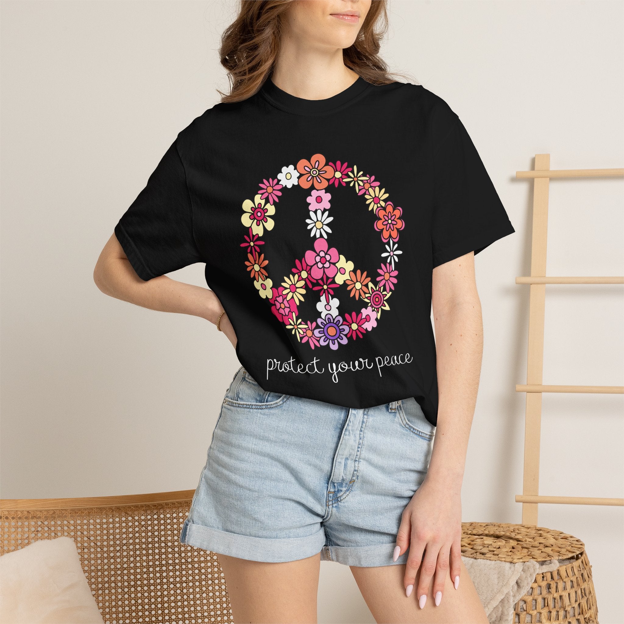 Peace Floral T-Shirt — "Protect Your Peace" Vintage Flower Peace Sign Tee