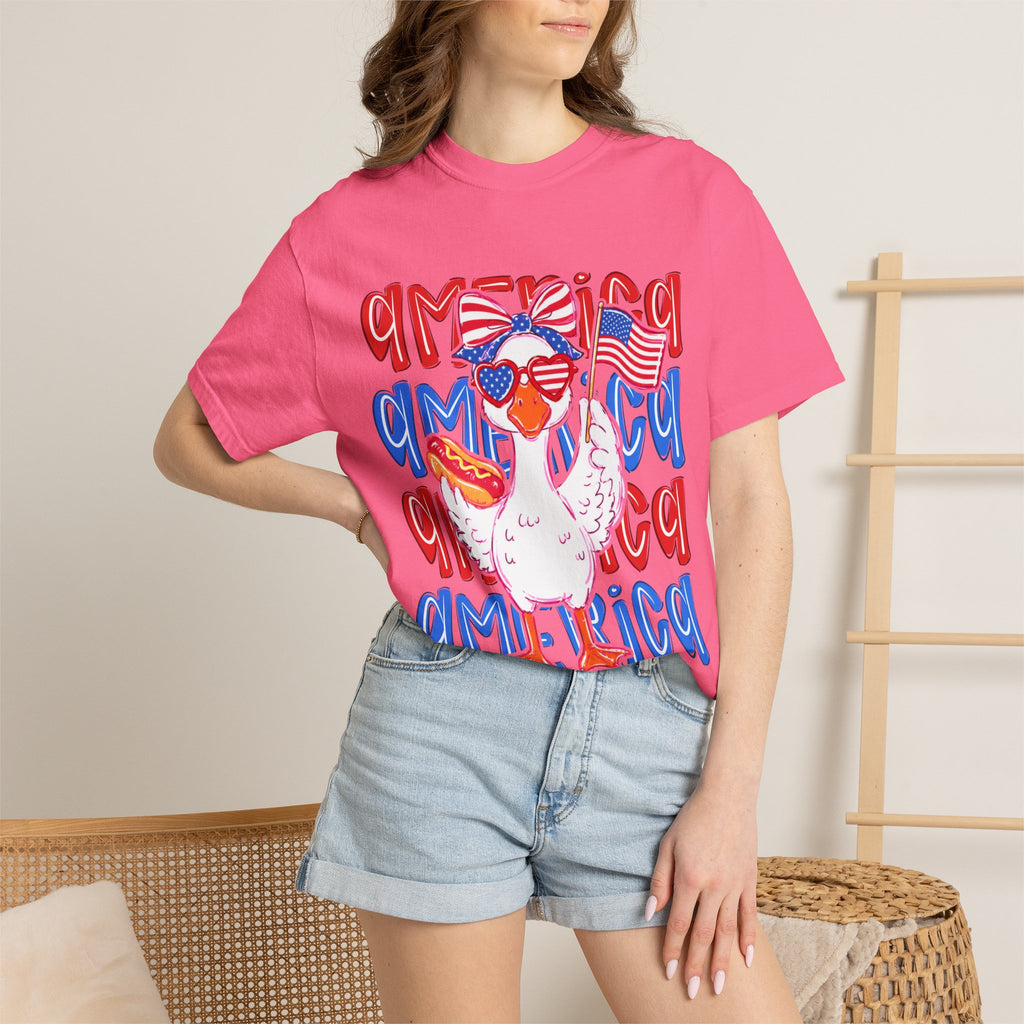 America Duck T-Shirt — Patriotic Funny Duck with Sunglasses & Hot Dog