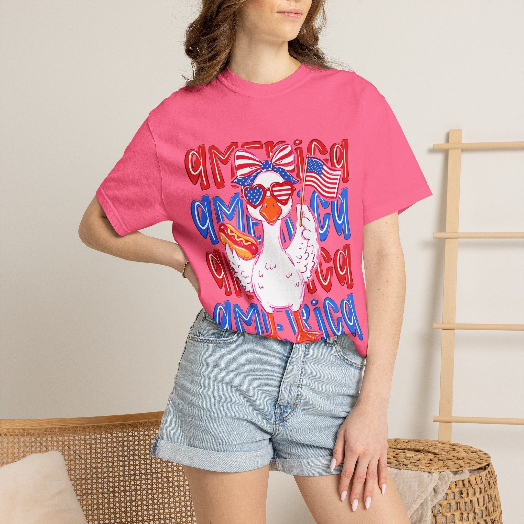 America Duck T-Shirt — Patriotic Funny Duck with Sunglasses & Hot Dog