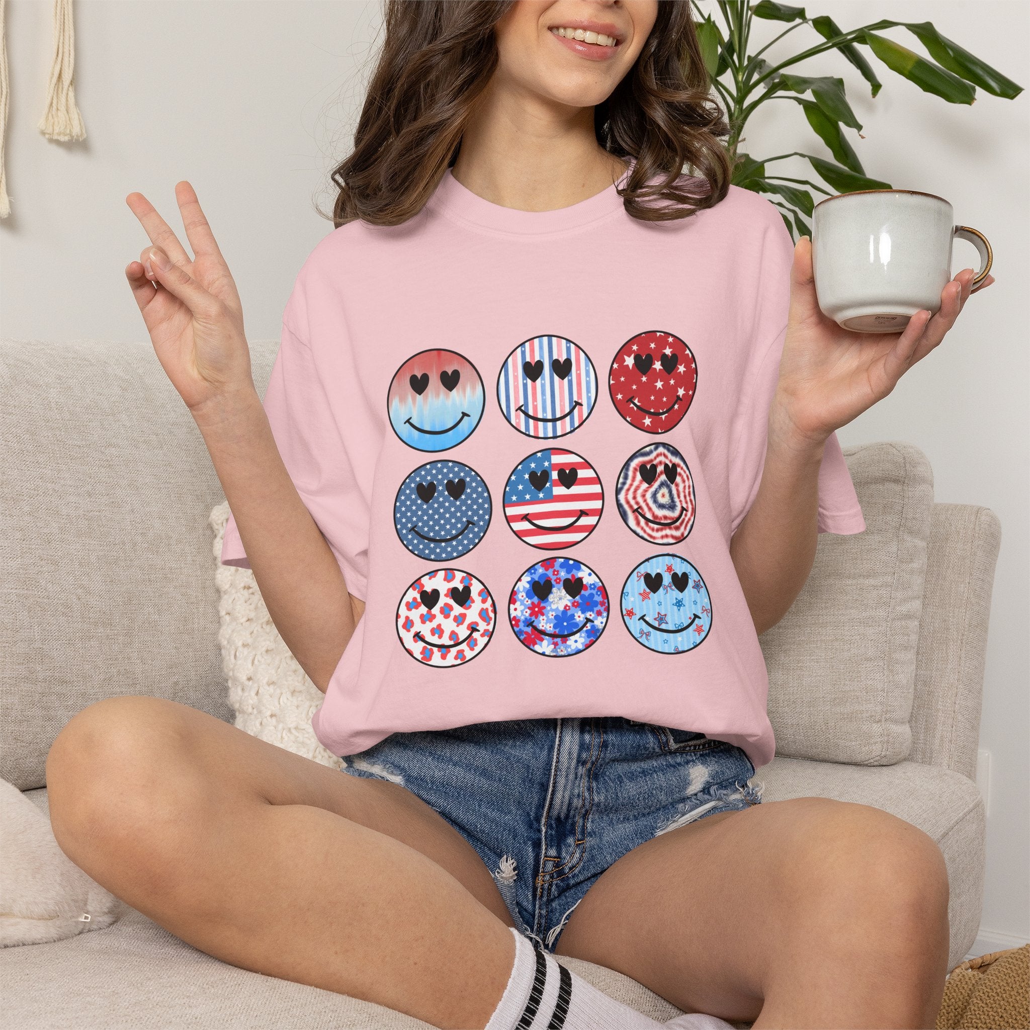 Smiley Icon Grid T-Shirt — Patriotic & Hearts Graphic Tee