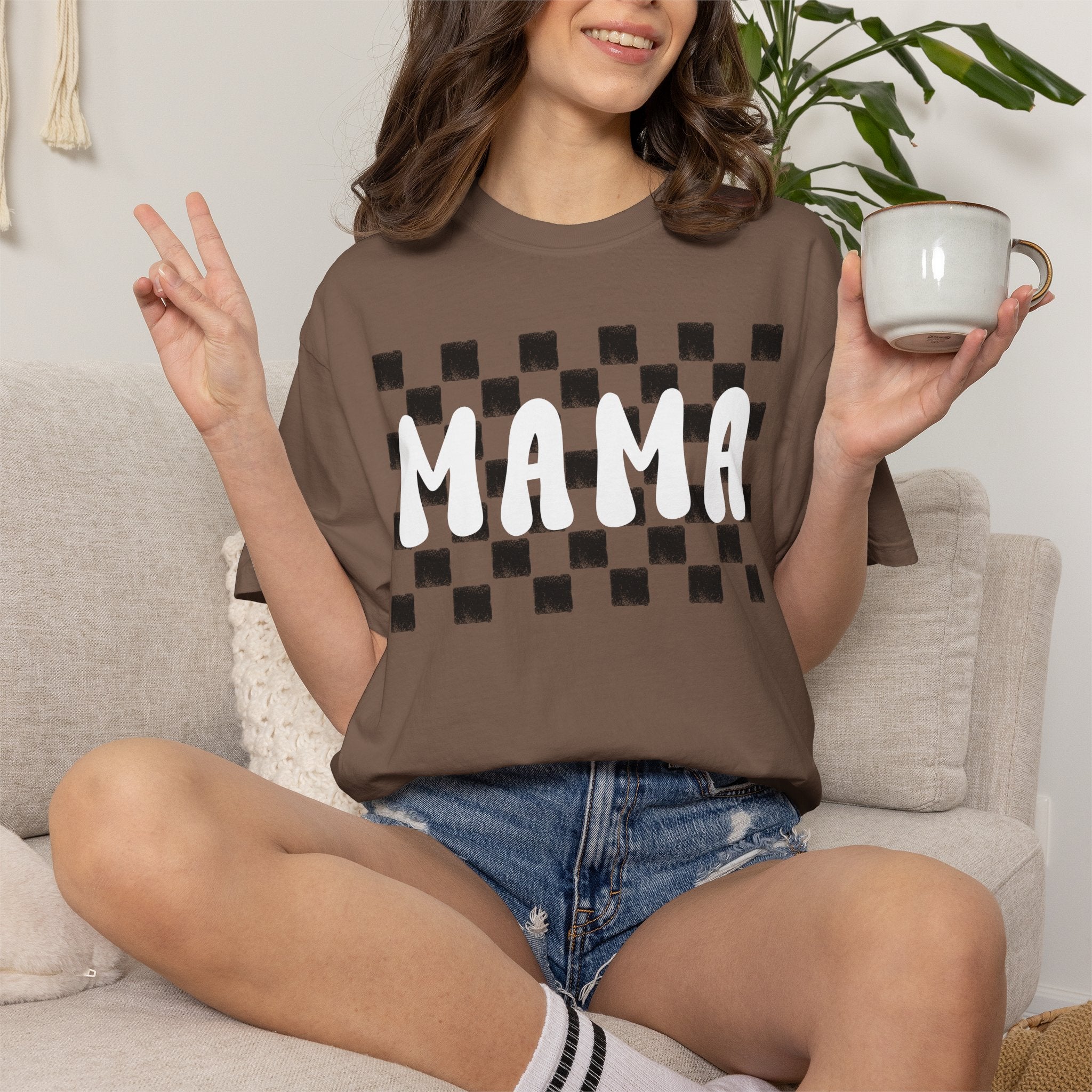 Mama Checkered T‑Shirt — Retro Mom Graphic Tee (Burnt Orange)
