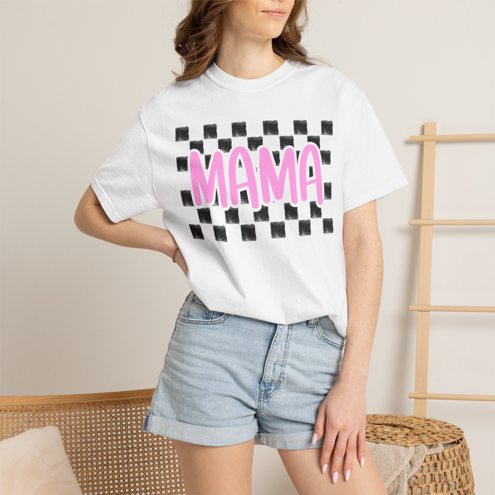 Mama Checkerboard T-Shirt — Pink Retro Mom Tee