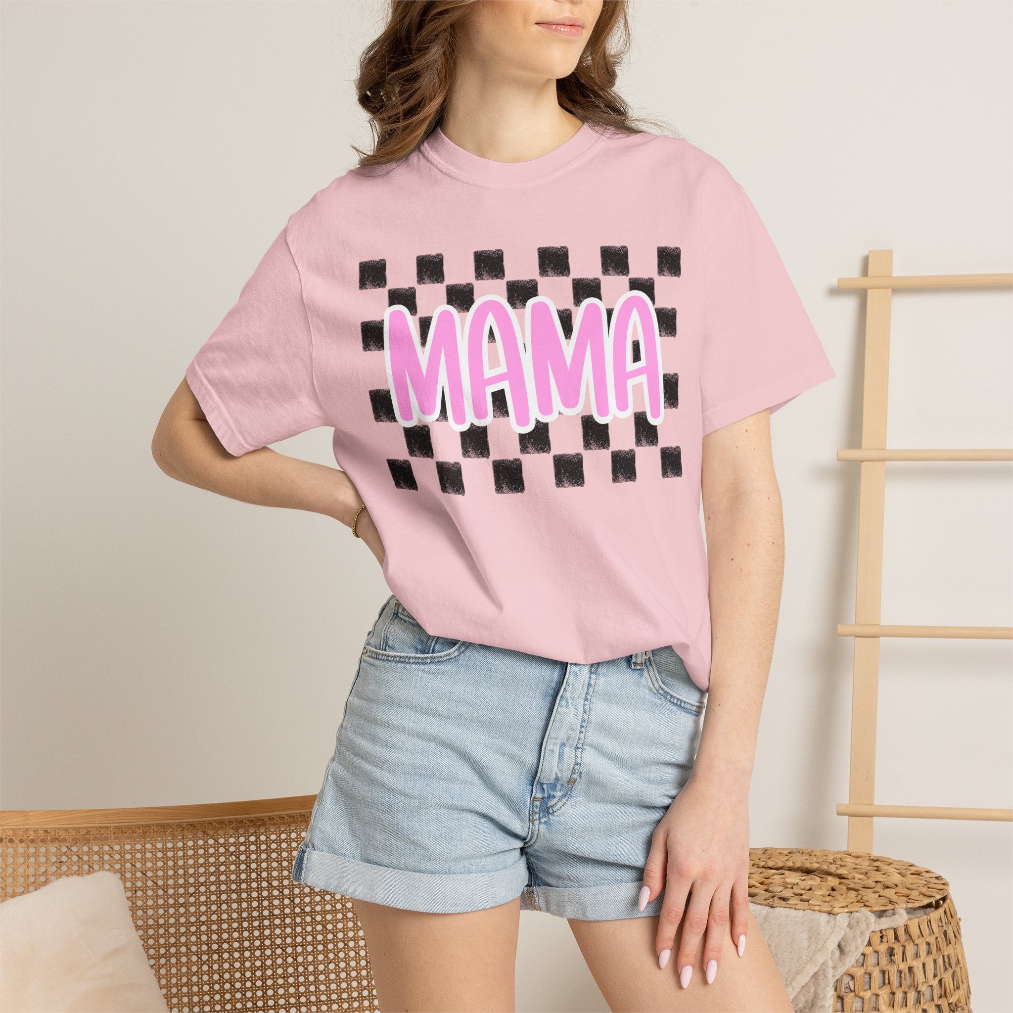 Mama Checkerboard T-Shirt — Pink Retro Mom Tee