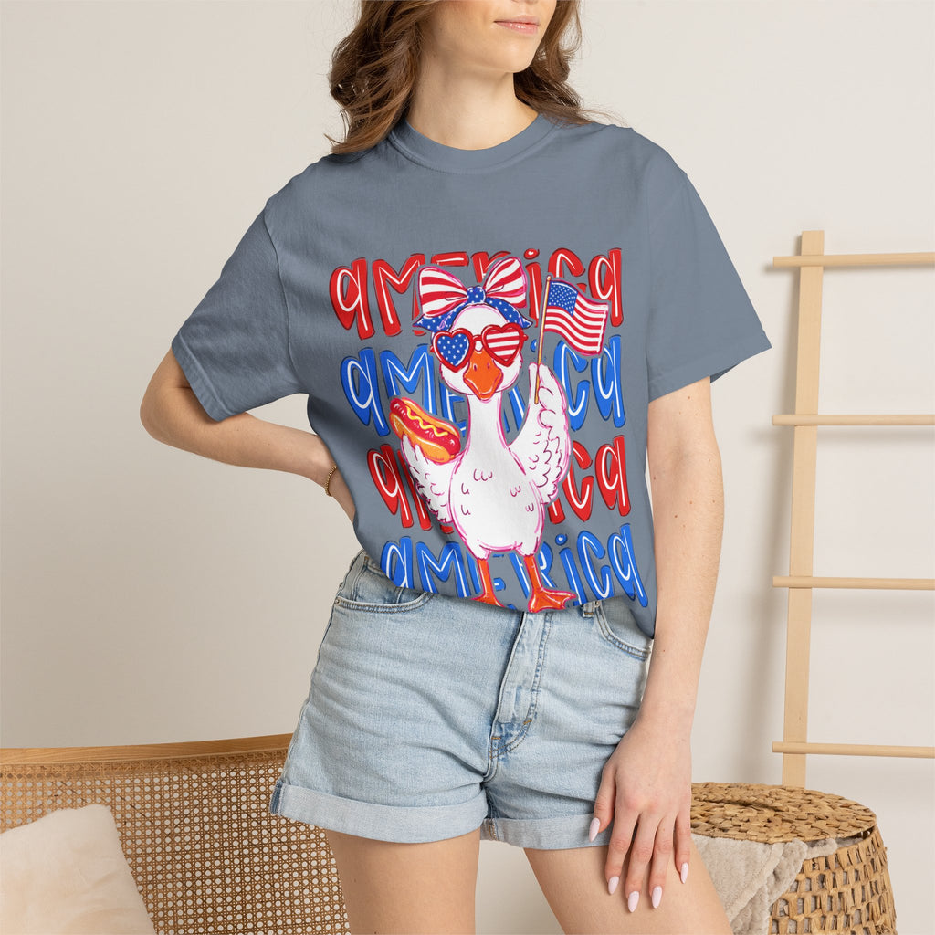 America Duck T-Shirt — Patriotic Funny Duck with Sunglasses & Hot Dog