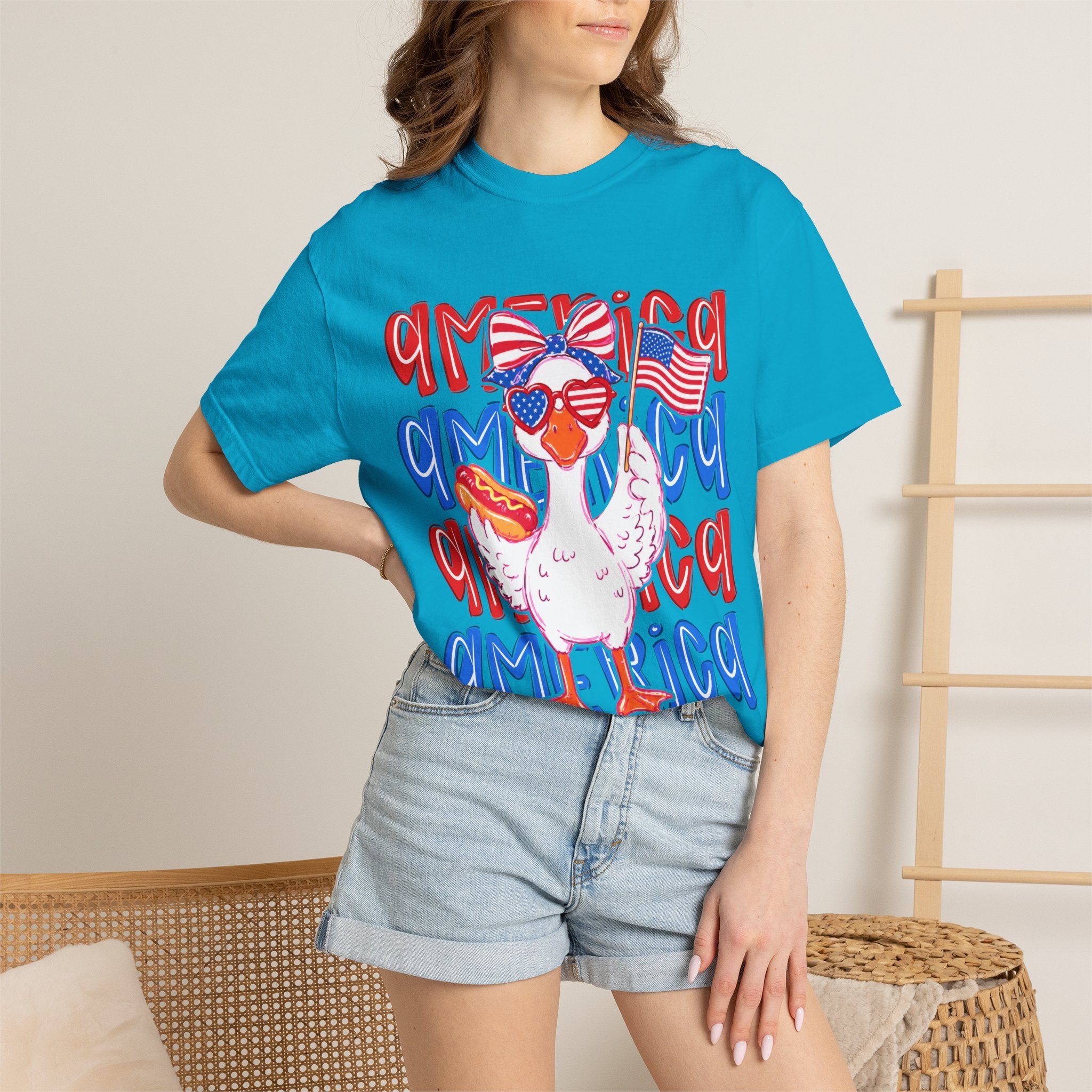 America Duck T-Shirt — Patriotic Funny Duck with Sunglasses & Hot Dog