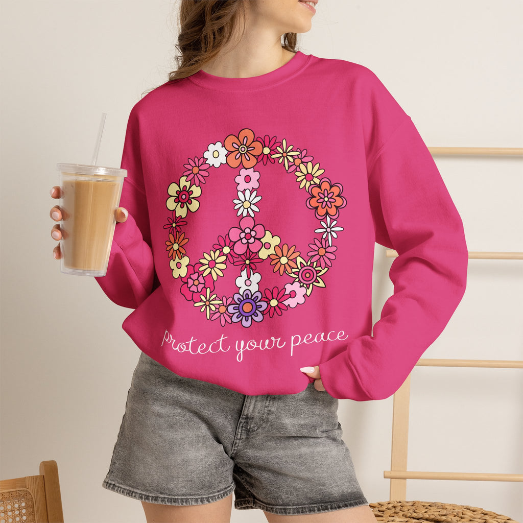 Peace Flower Sweatshirt — "Protect Your Peace" Floral Peace Sign Crewneck