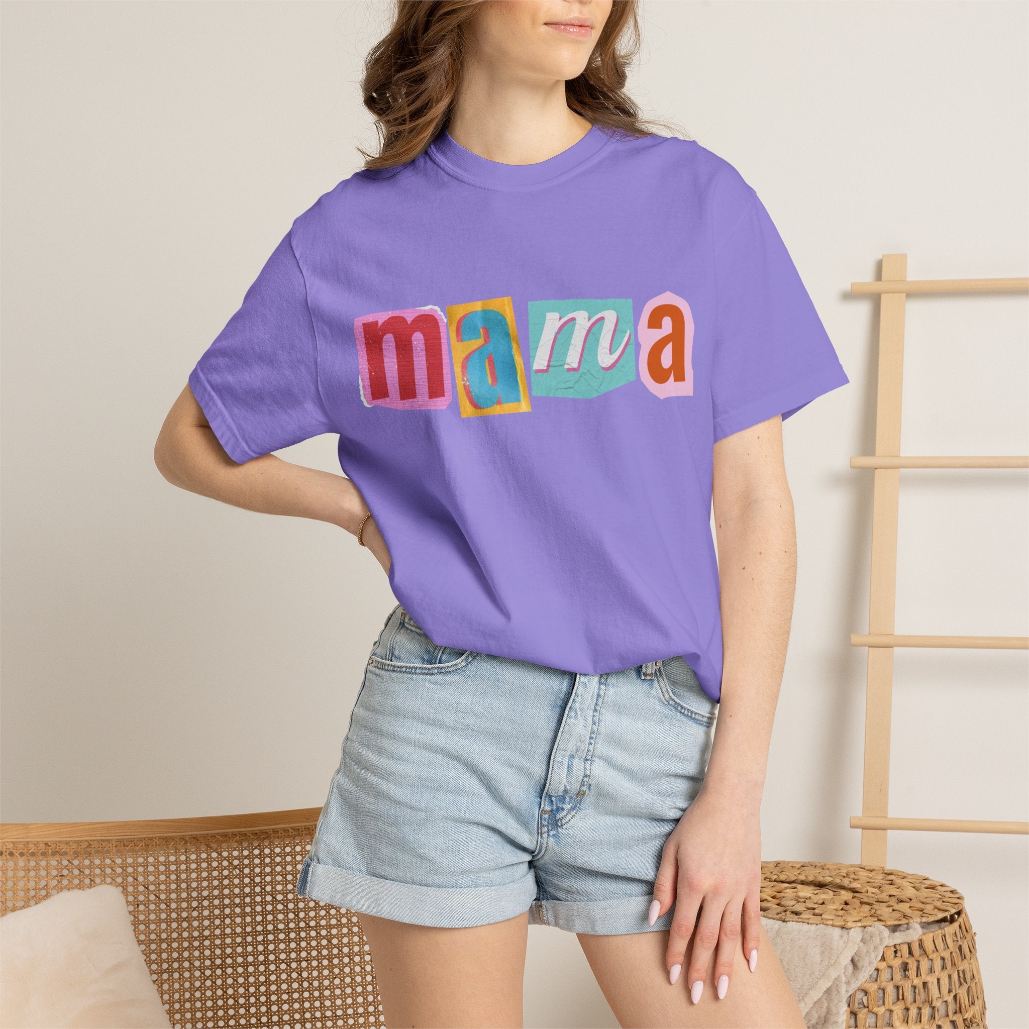 Mama Colorblock T-Shirt — Retro Patch Lettering Tee for Moms