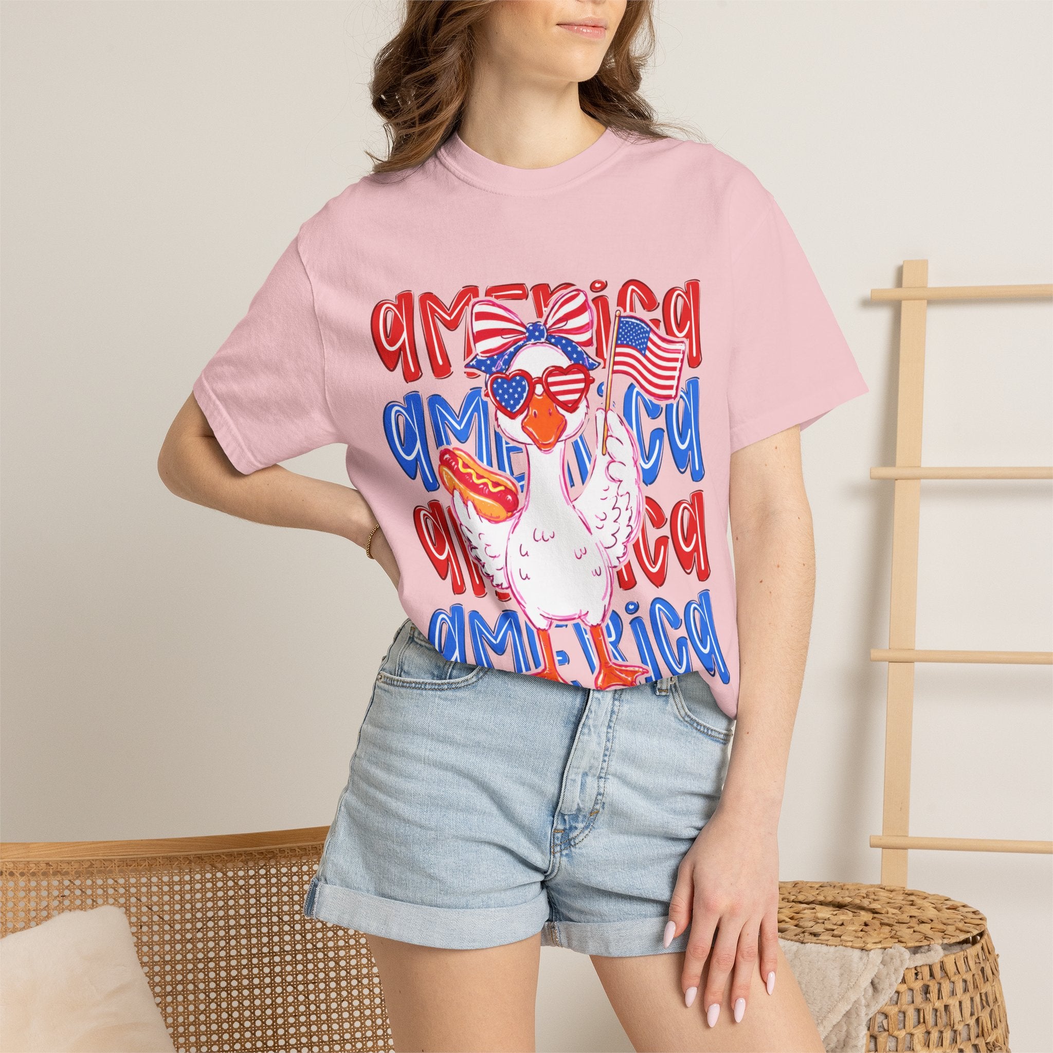 America Duck T-Shirt — Patriotic Funny Duck with Sunglasses & Hot Dog