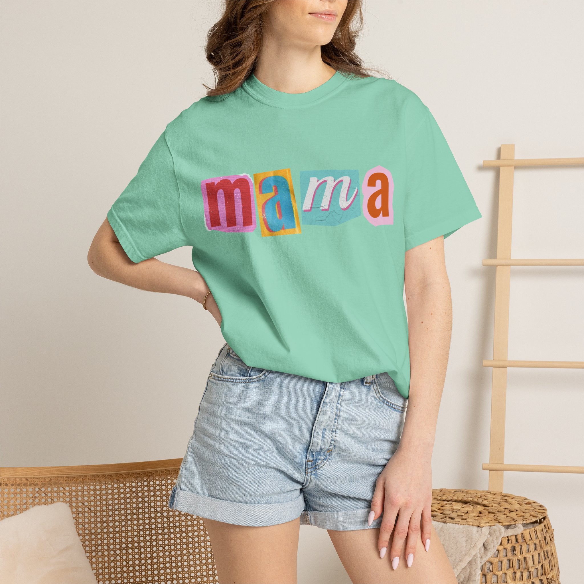 Mama Colorblock T-Shirt — Retro Patch Lettering Tee for Moms