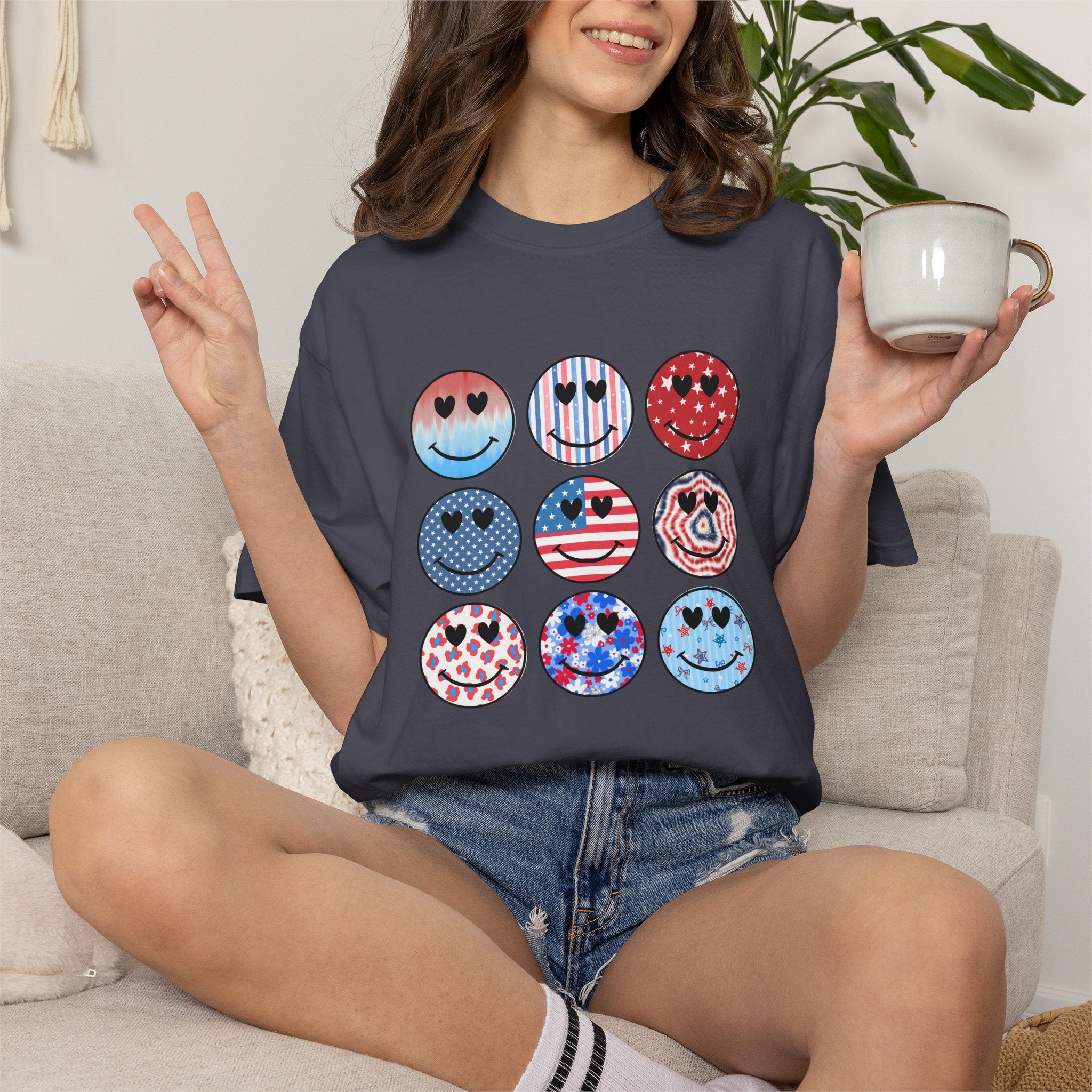 Smiley Icon Grid T-Shirt — Patriotic & Hearts Graphic Tee
