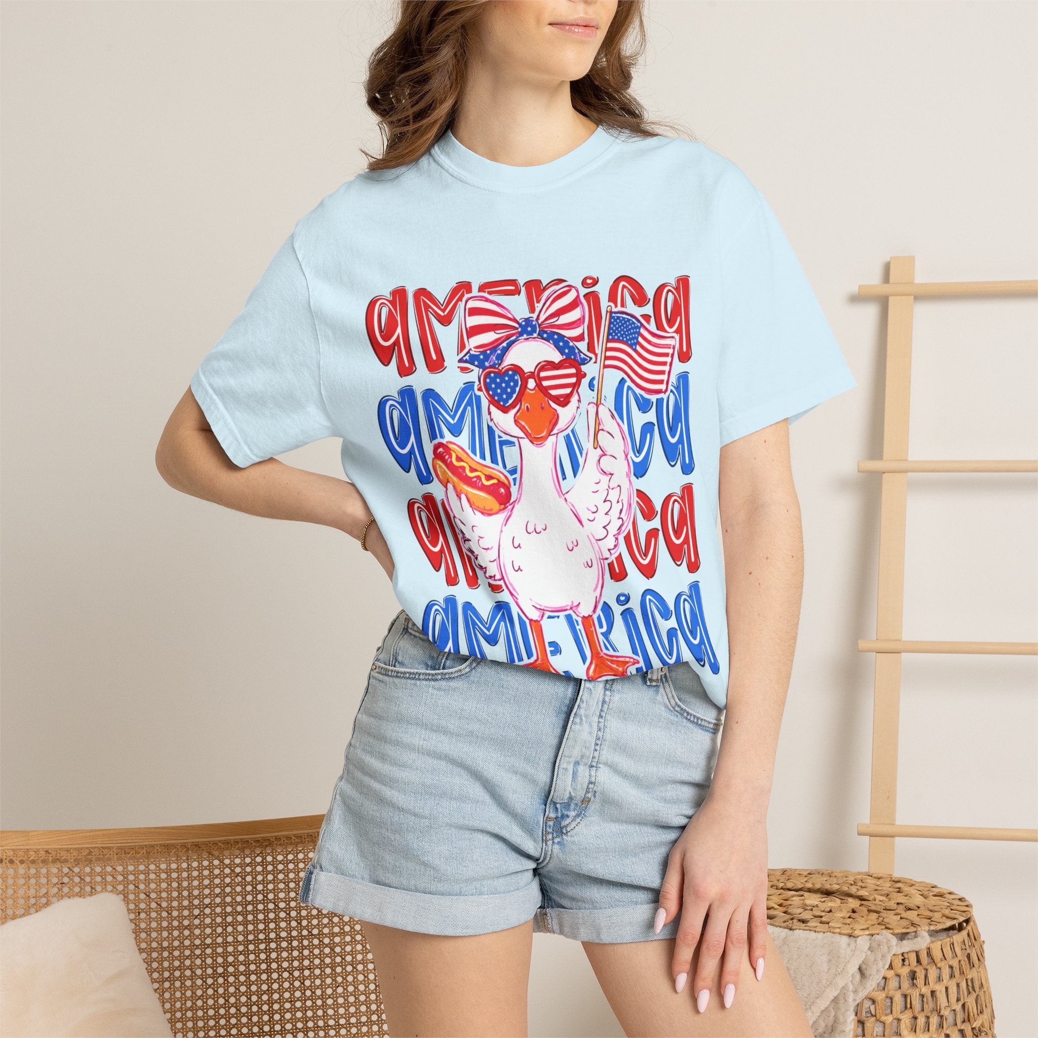 America Duck T-Shirt — Patriotic Funny Duck with Sunglasses & Hot Dog