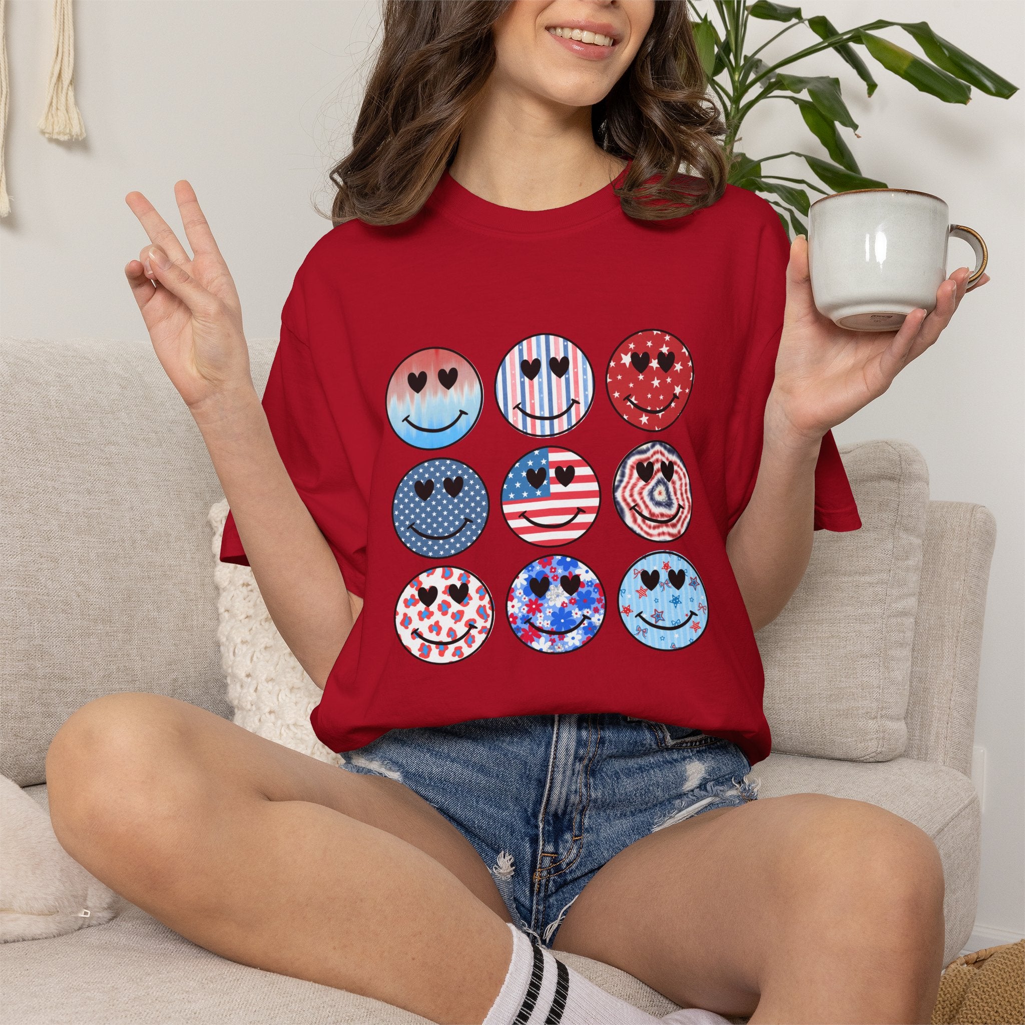 Smiley Icon Grid T-Shirt — Patriotic & Hearts Graphic Tee