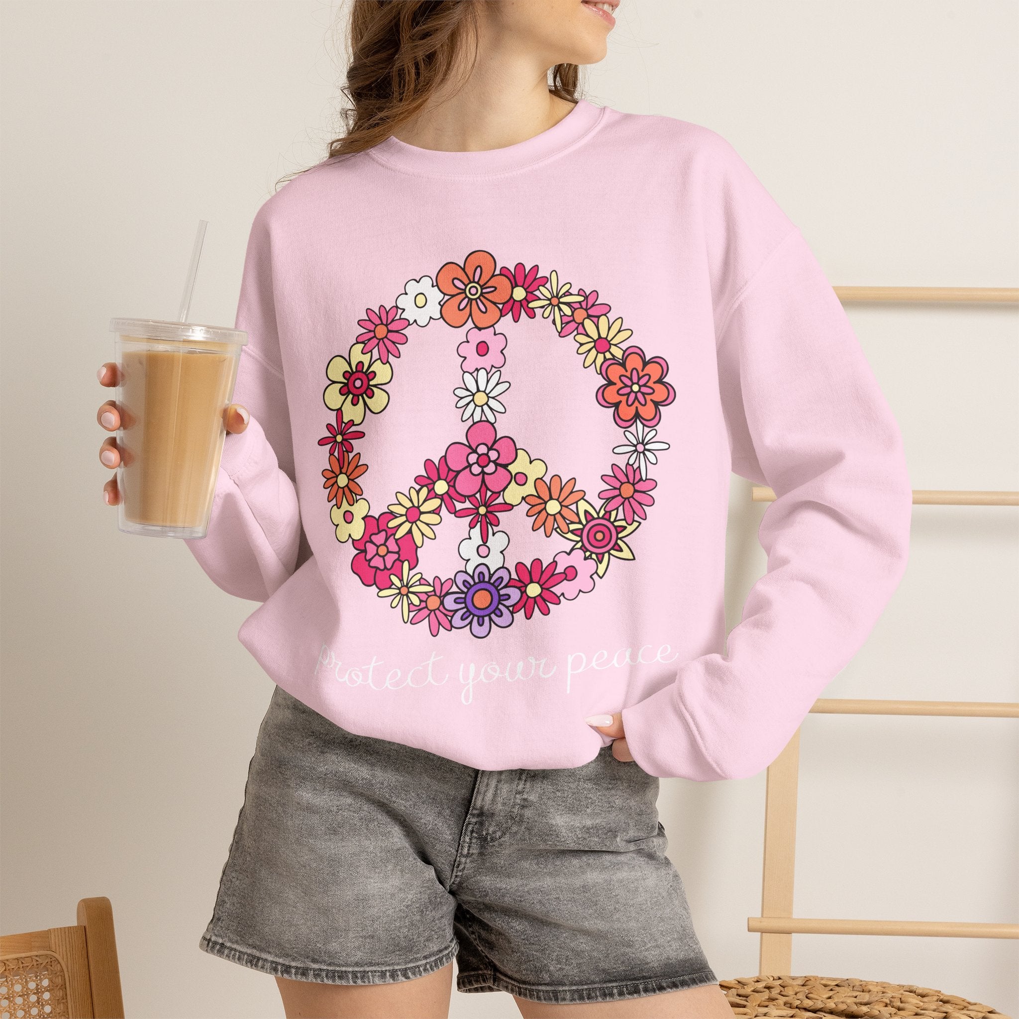 Peace Flower Sweatshirt — "Protect Your Peace" Floral Peace Sign Crewneck