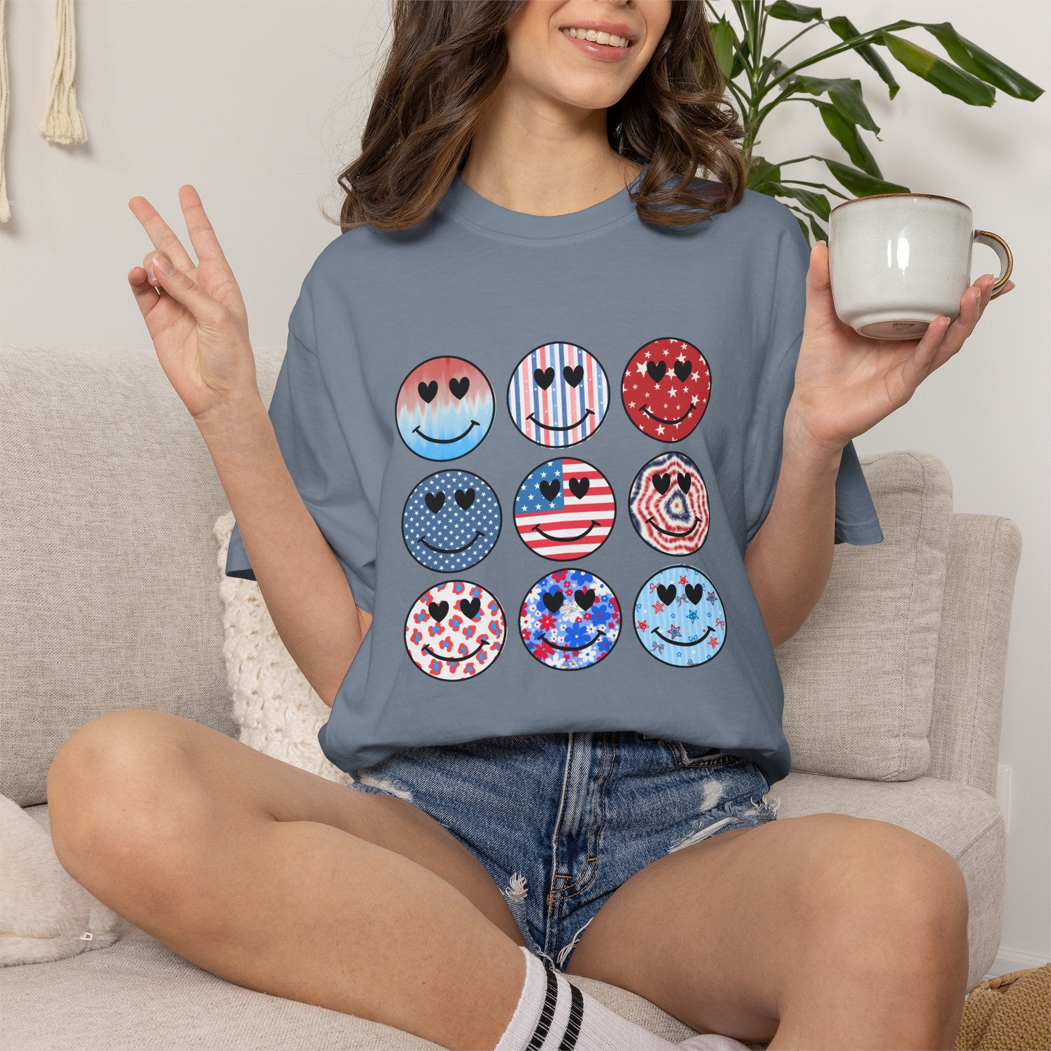 Smiley Icon Grid T-Shirt — Patriotic & Hearts Graphic Tee