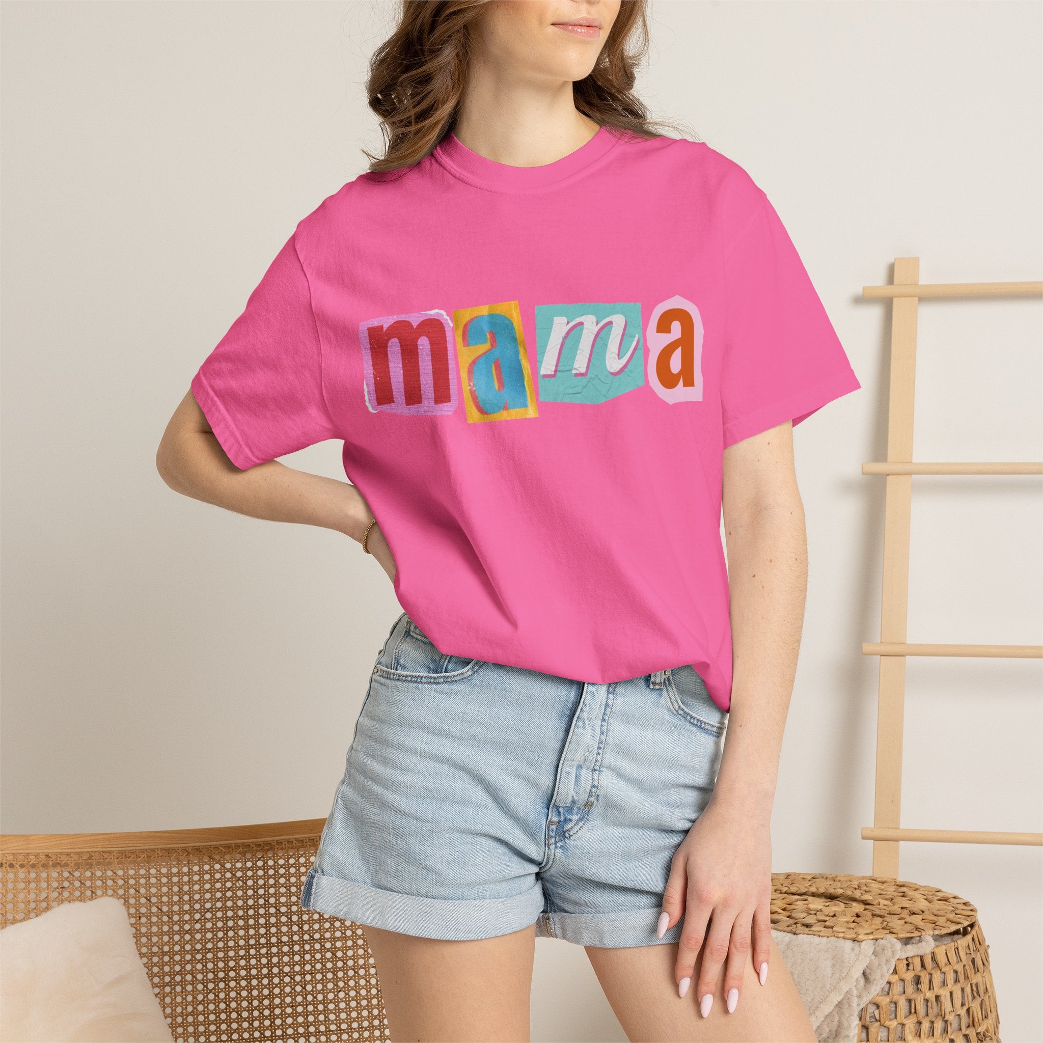 Mama Colorblock T-Shirt — Retro Patch Lettering Tee for Moms