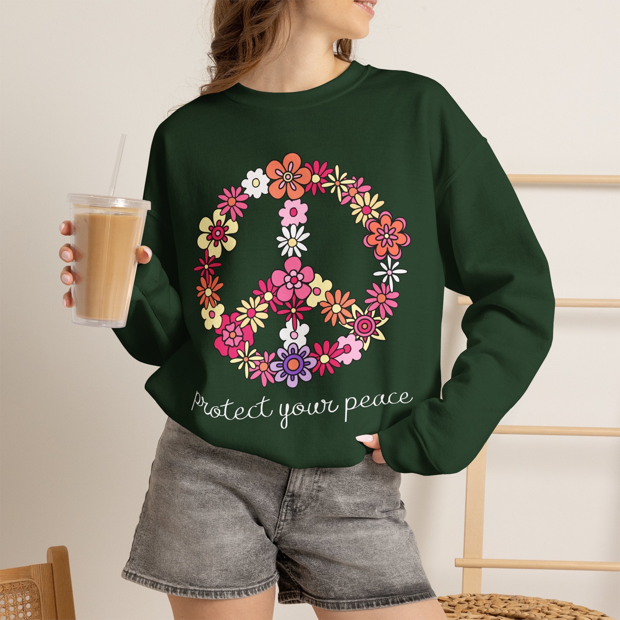Peace Flower Sweatshirt — "Protect Your Peace" Floral Peace Sign Crewneck