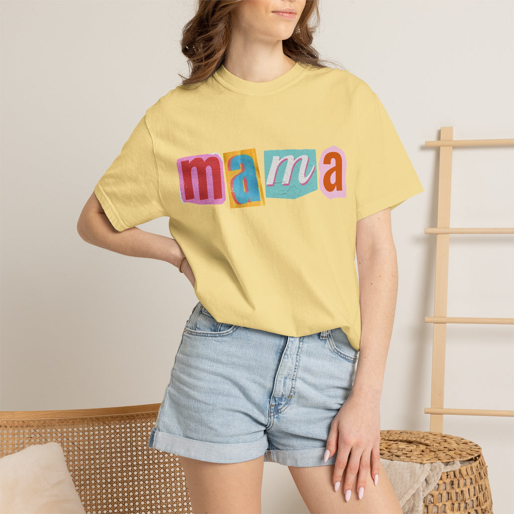 Mama Colorblock T-Shirt — Retro Patch Lettering Tee for Moms