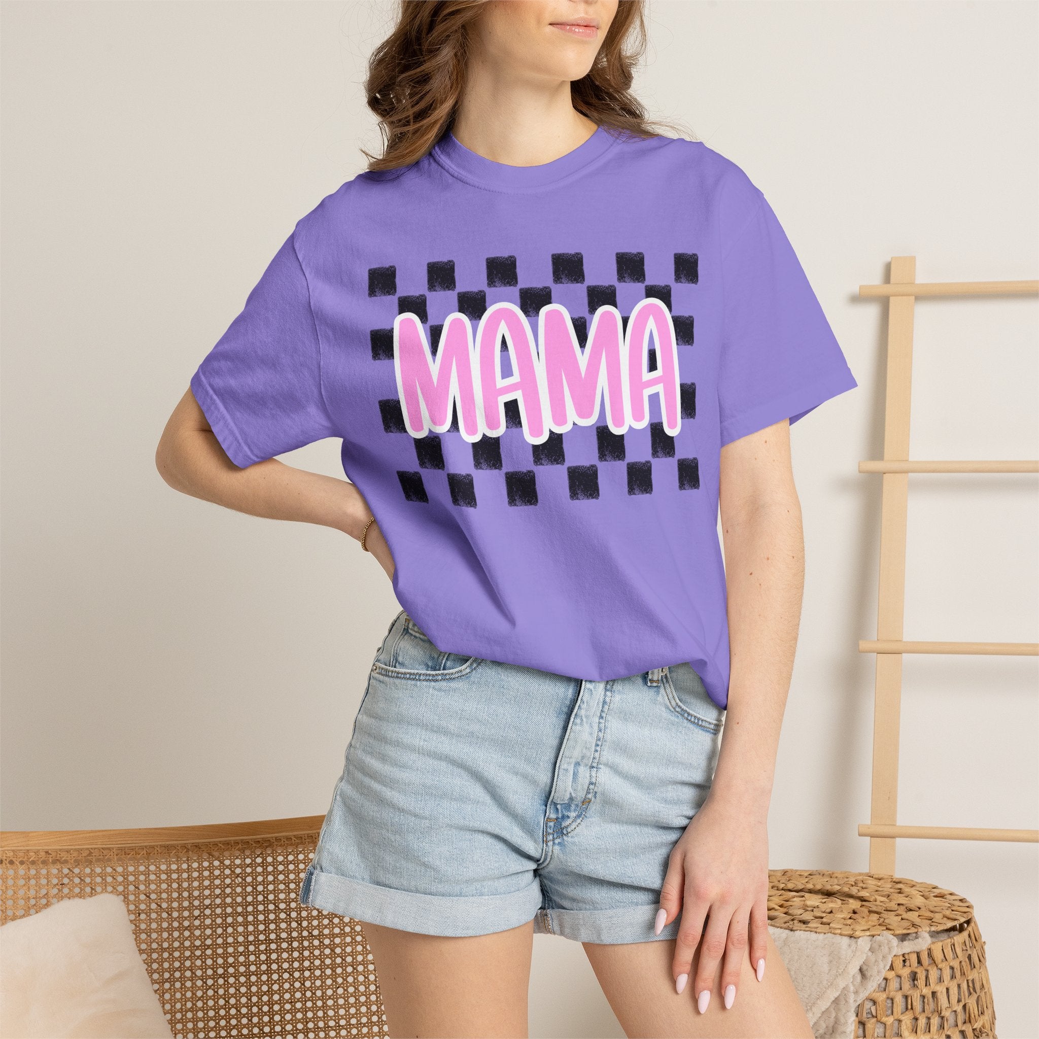 Mama Checkerboard T-Shirt — Pink Retro Mom Tee