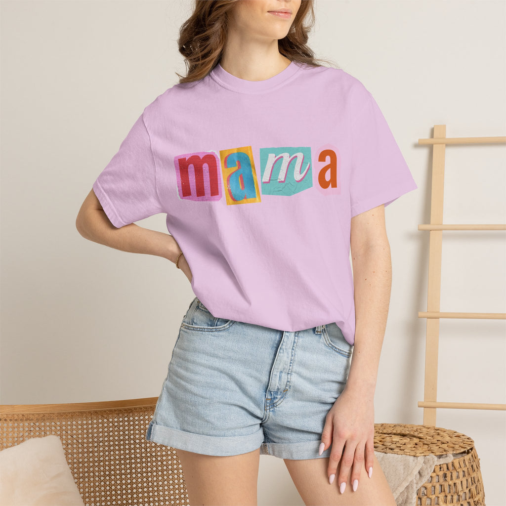 Mama Colorblock T-Shirt — Retro Patch Lettering Tee for Moms