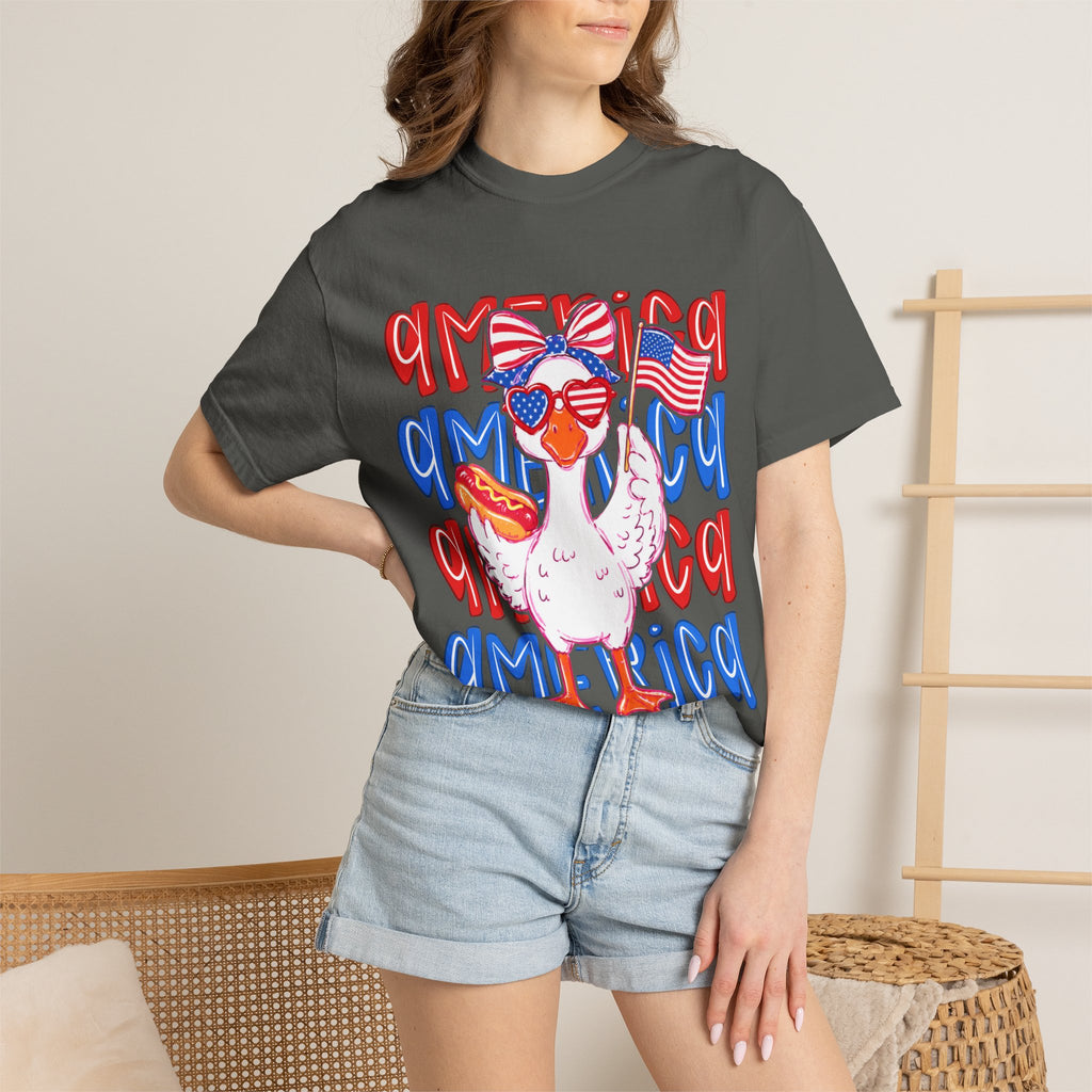 America Duck T-Shirt — Patriotic Funny Duck with Sunglasses & Hot Dog