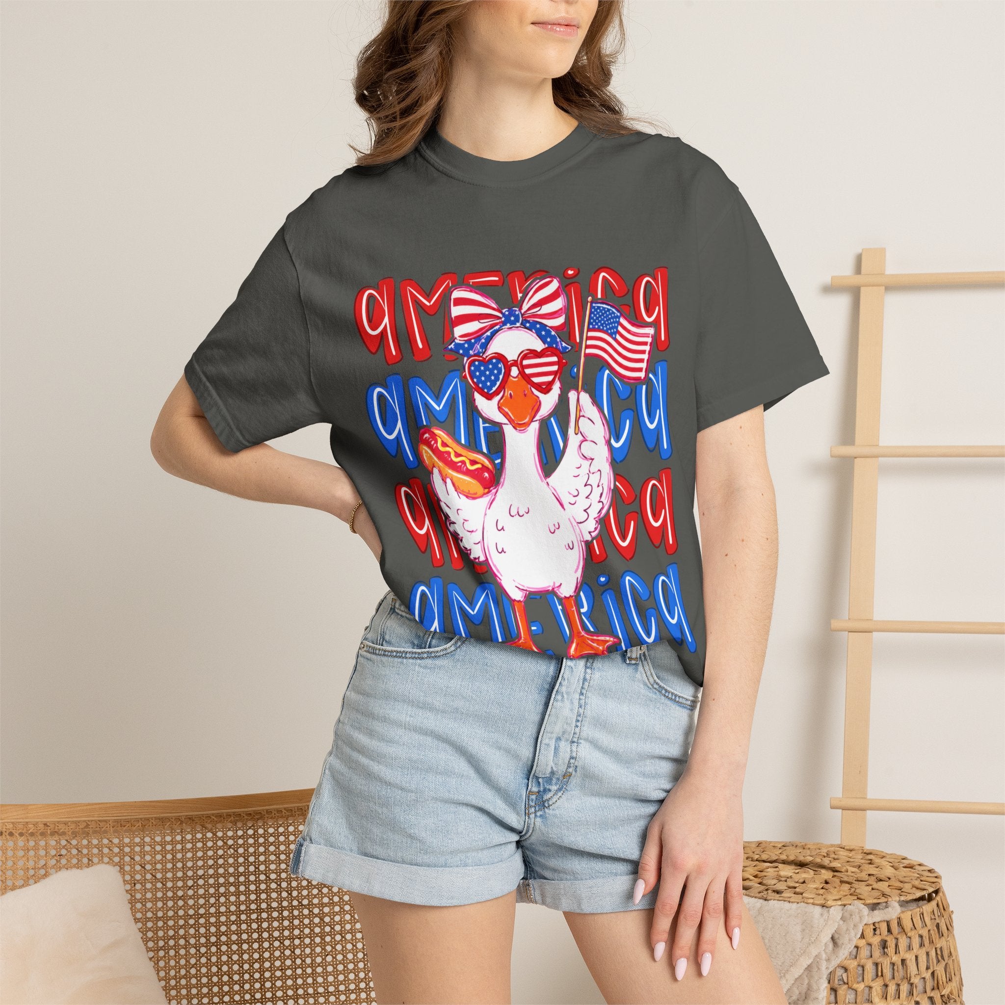 America Duck T-Shirt — Patriotic Funny Duck with Sunglasses & Hot Dog
