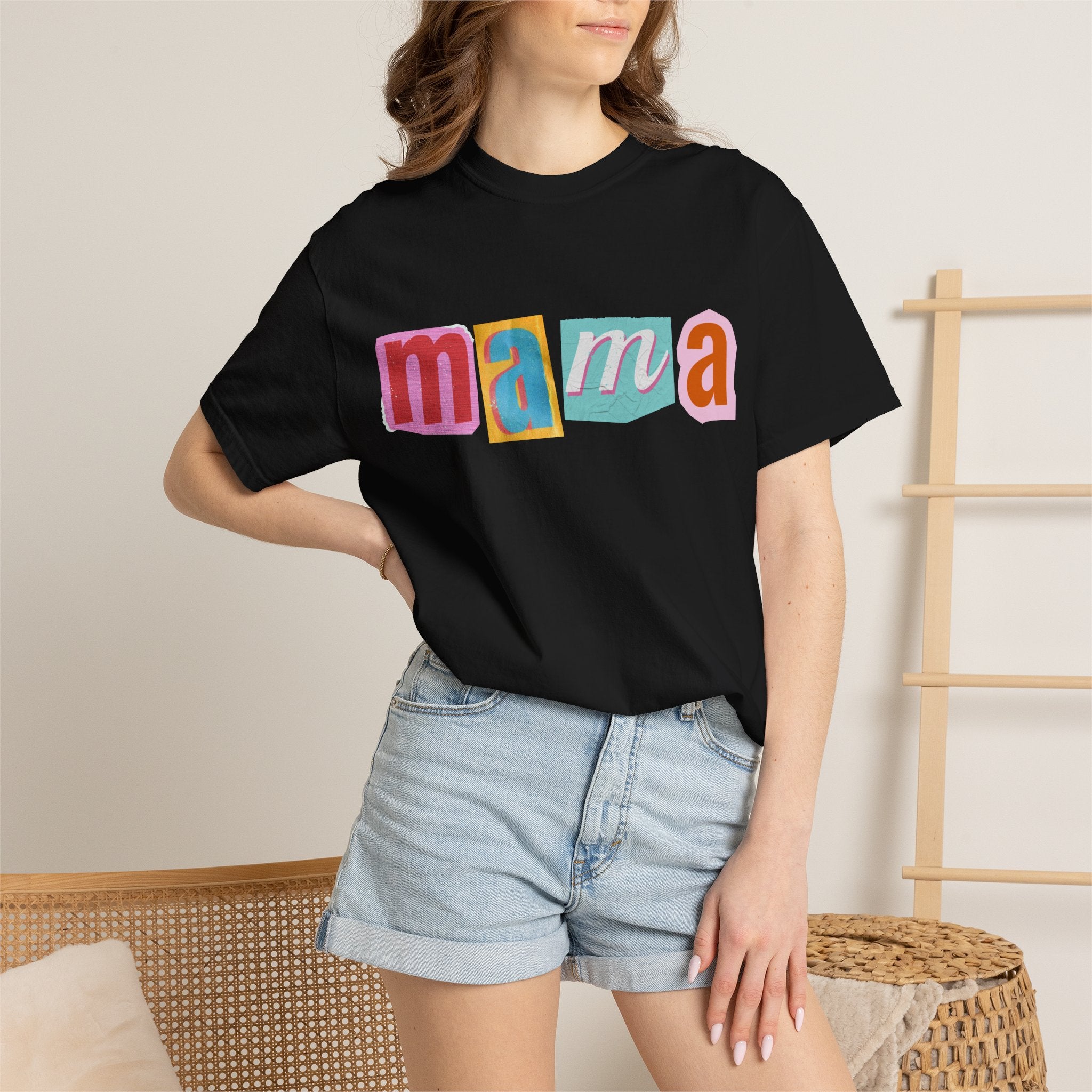 Mama Colorblock T-Shirt — Retro Patch Lettering Tee for Moms