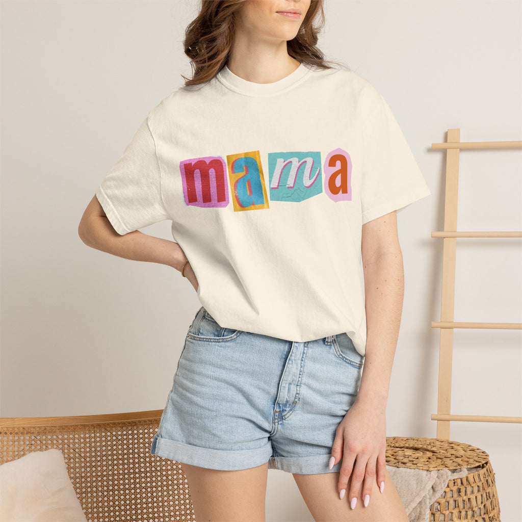 Mama Colorblock T-Shirt — Retro Patch Lettering Tee for Moms