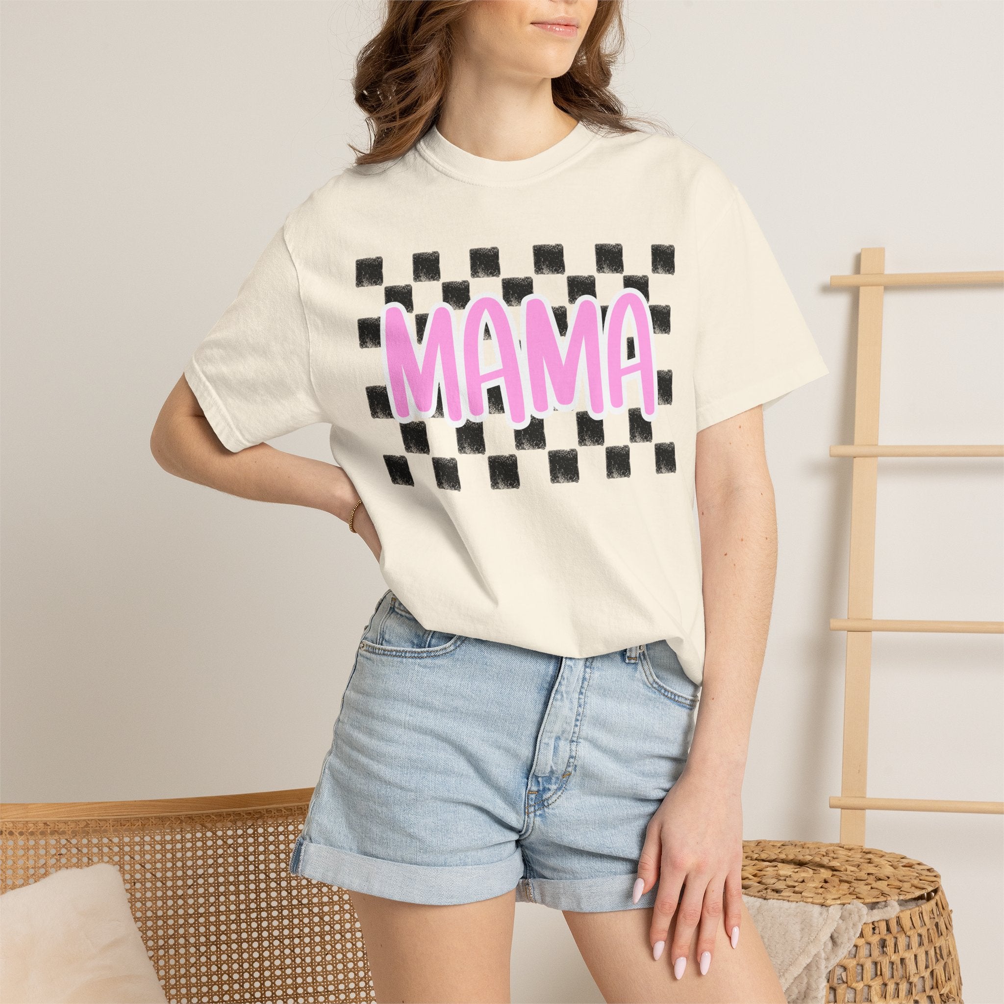 Mama Checkerboard T-Shirt — Pink Retro Mom Tee