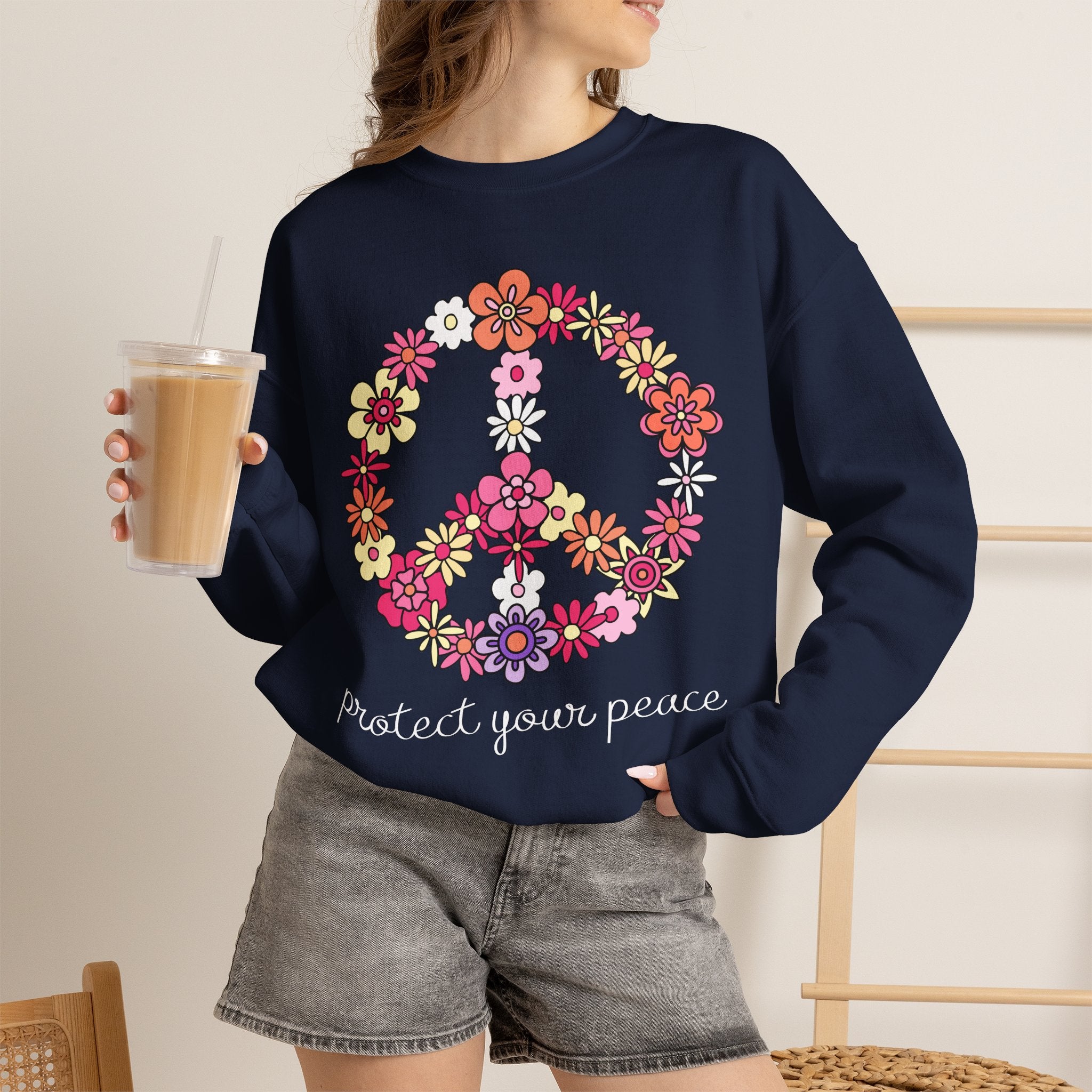 Peace Flower Sweatshirt — "Protect Your Peace" Floral Peace Sign Crewneck