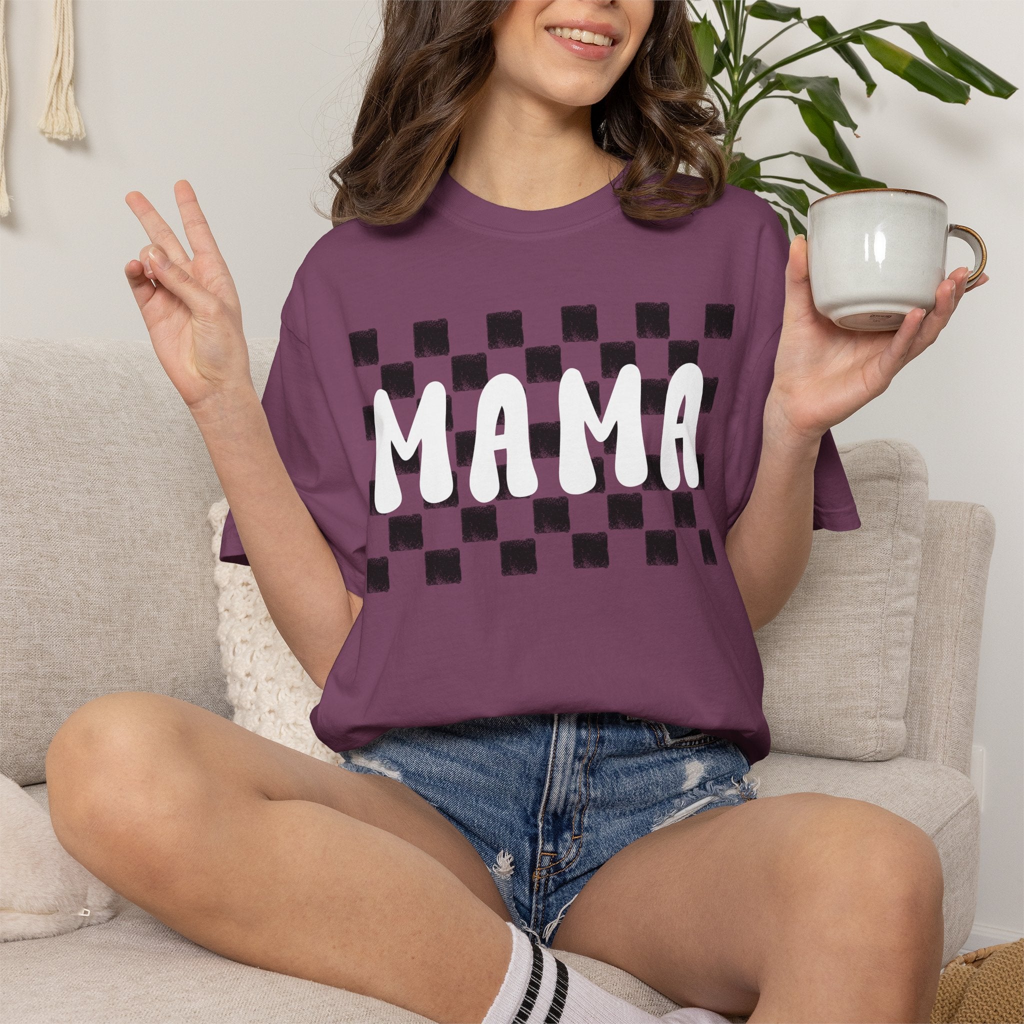 Mama Checkered T‑Shirt — Retro Mom Graphic Tee (Burnt Orange)