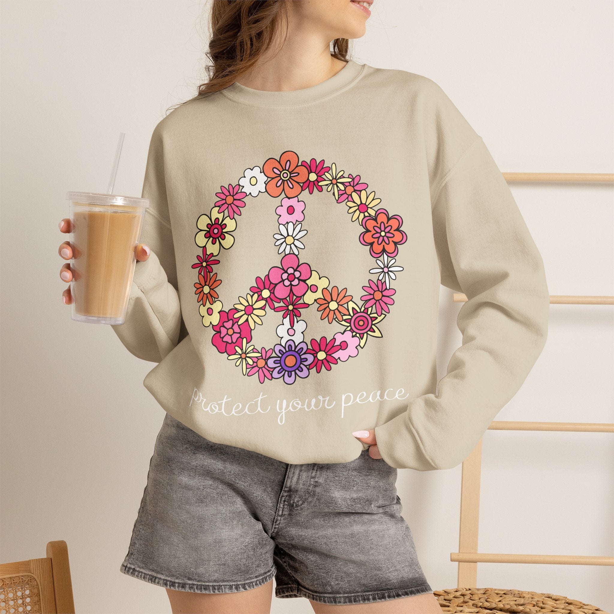 Peace Flower Sweatshirt — "Protect Your Peace" Floral Peace Sign Crewneck