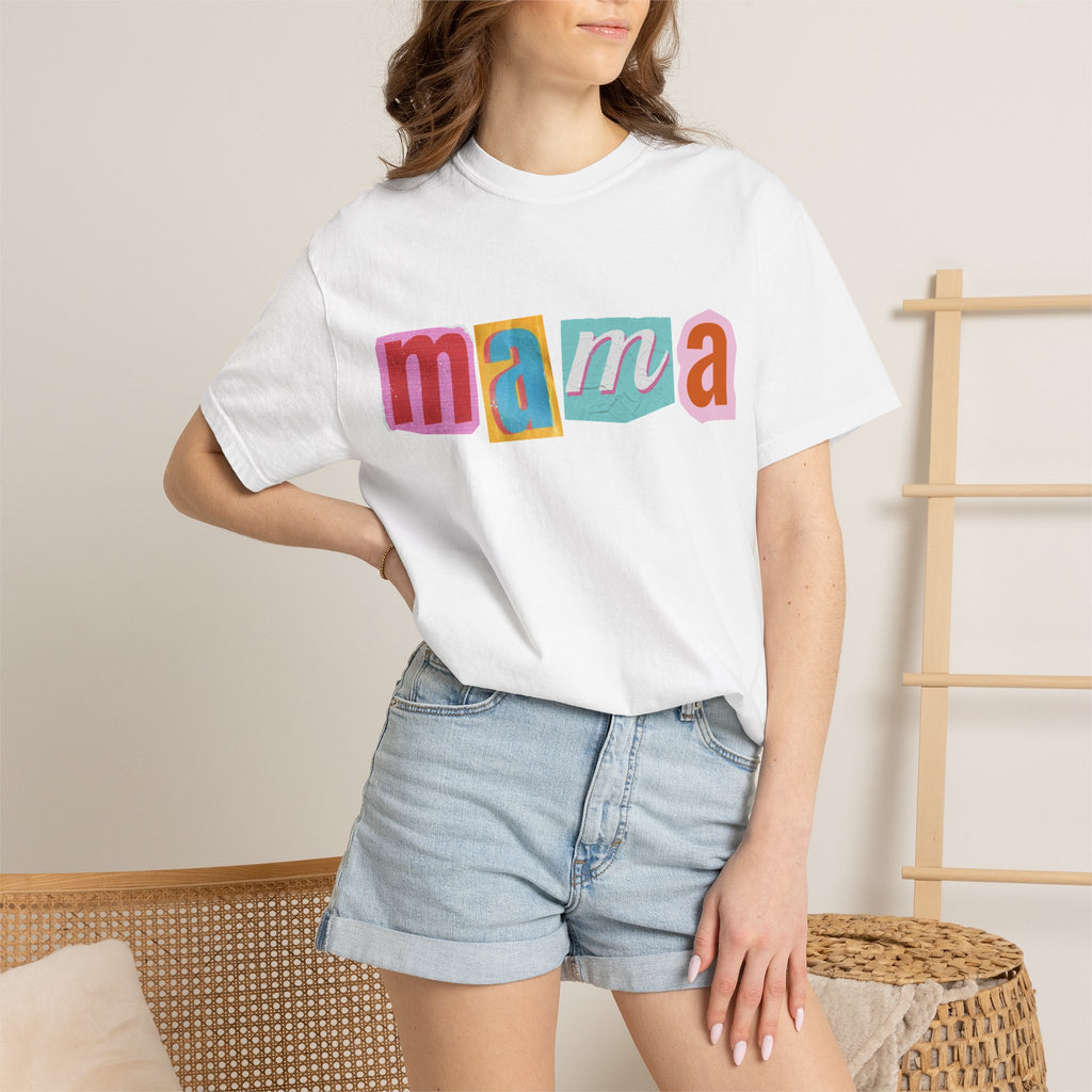 Mama Colorblock T-Shirt — Retro Patch Lettering Tee for Moms