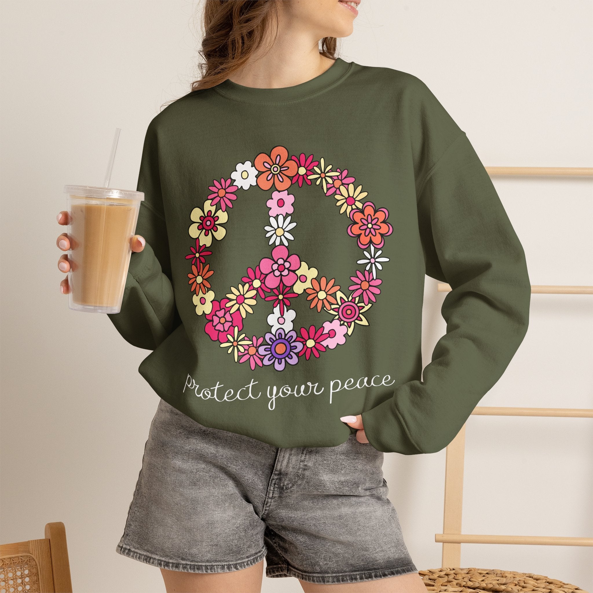 Peace Flower Sweatshirt — "Protect Your Peace" Floral Peace Sign Crewneck
