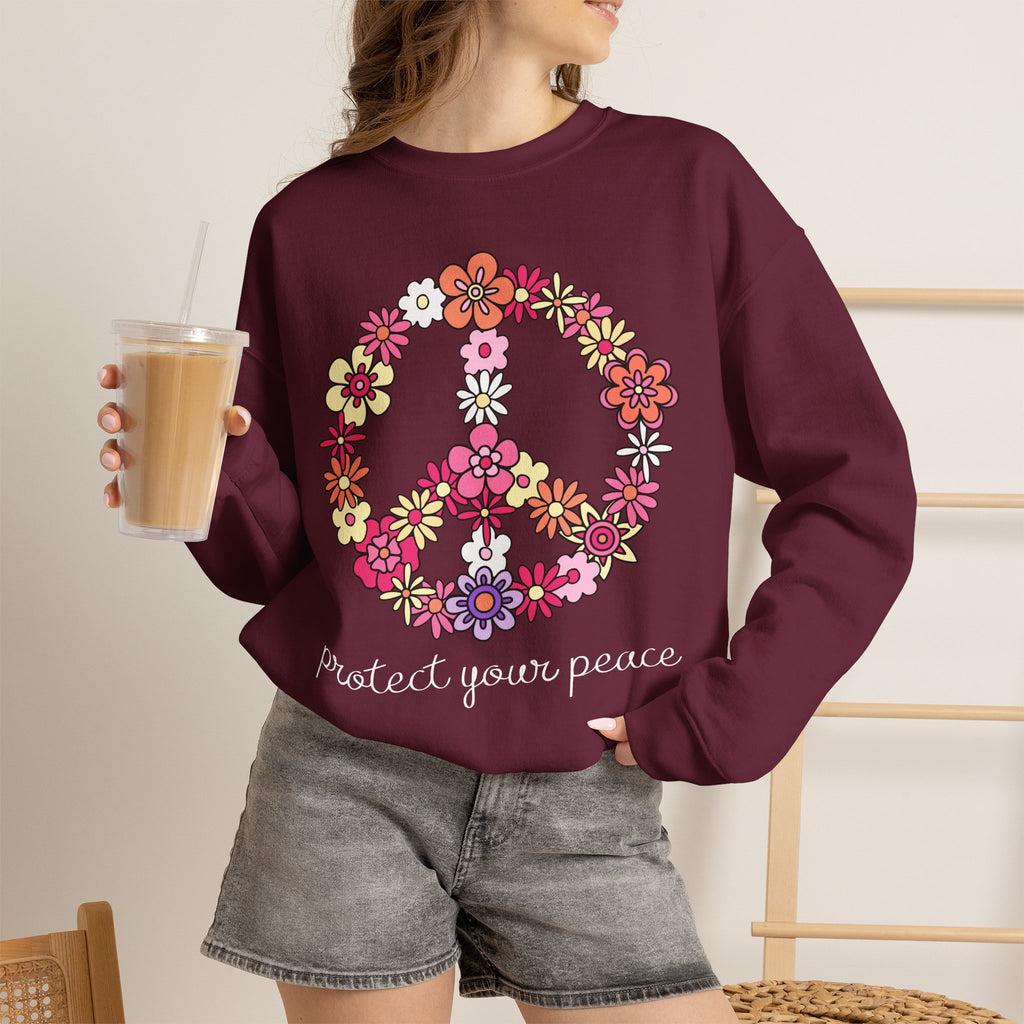 Peace Flower Sweatshirt — "Protect Your Peace" Floral Peace Sign Crewneck