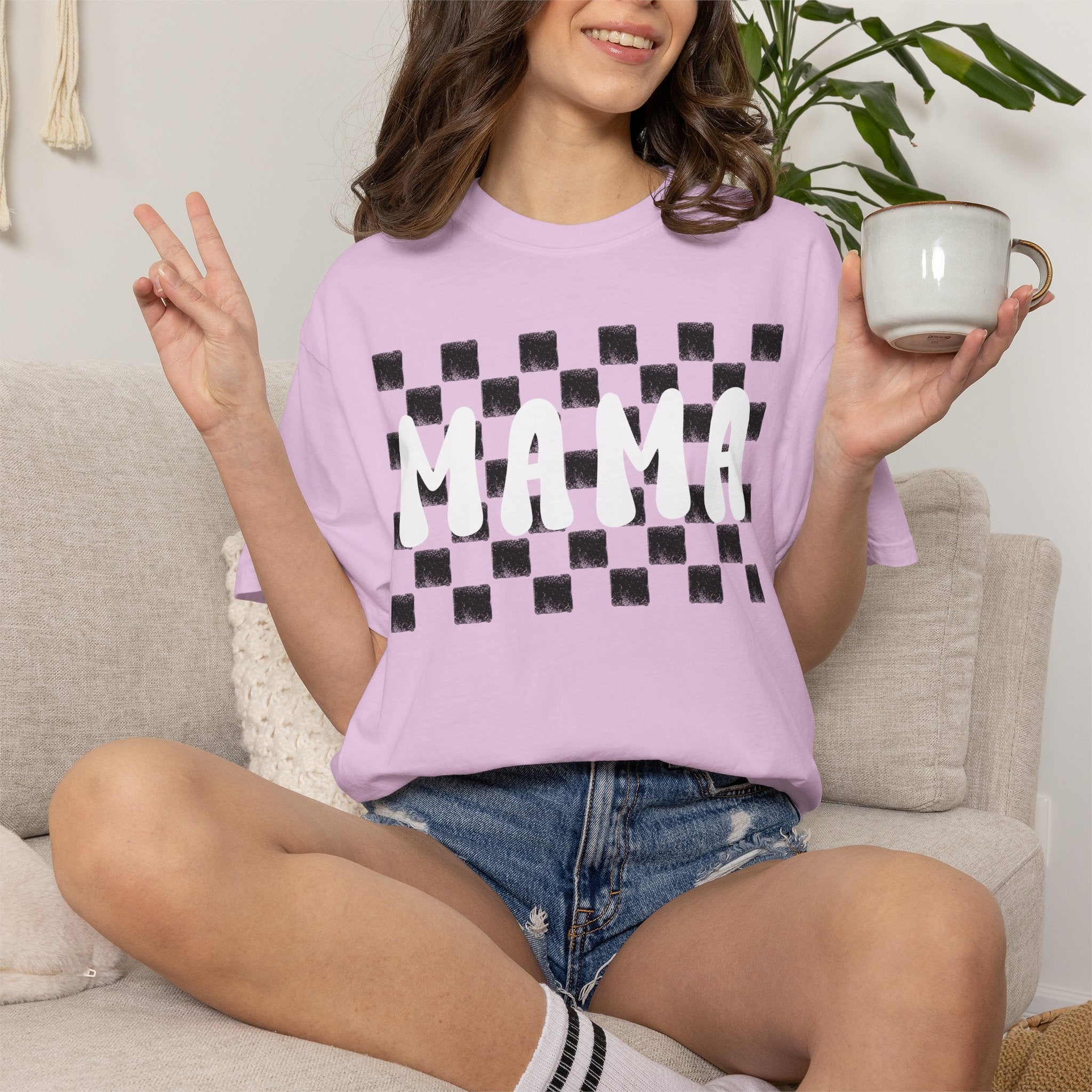 Mama Checkered T‑Shirt — Retro Mom Graphic Tee (Burnt Orange)