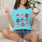 Smiley Icon Grid T-Shirt — Patriotic & Hearts Graphic Tee