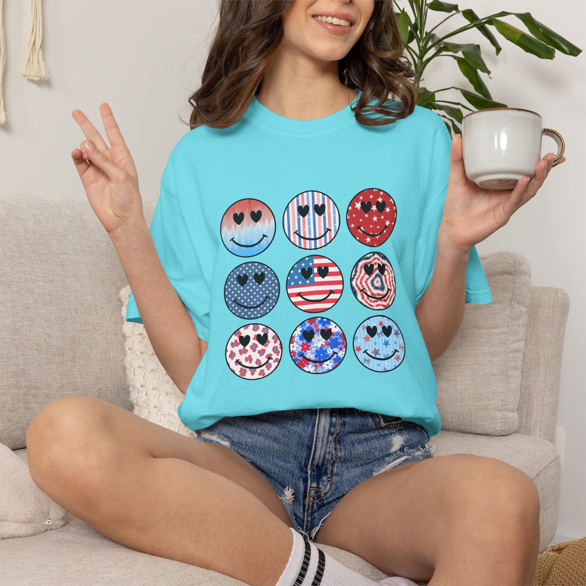 Smiley Icon Grid T-Shirt — Patriotic & Hearts Graphic Tee