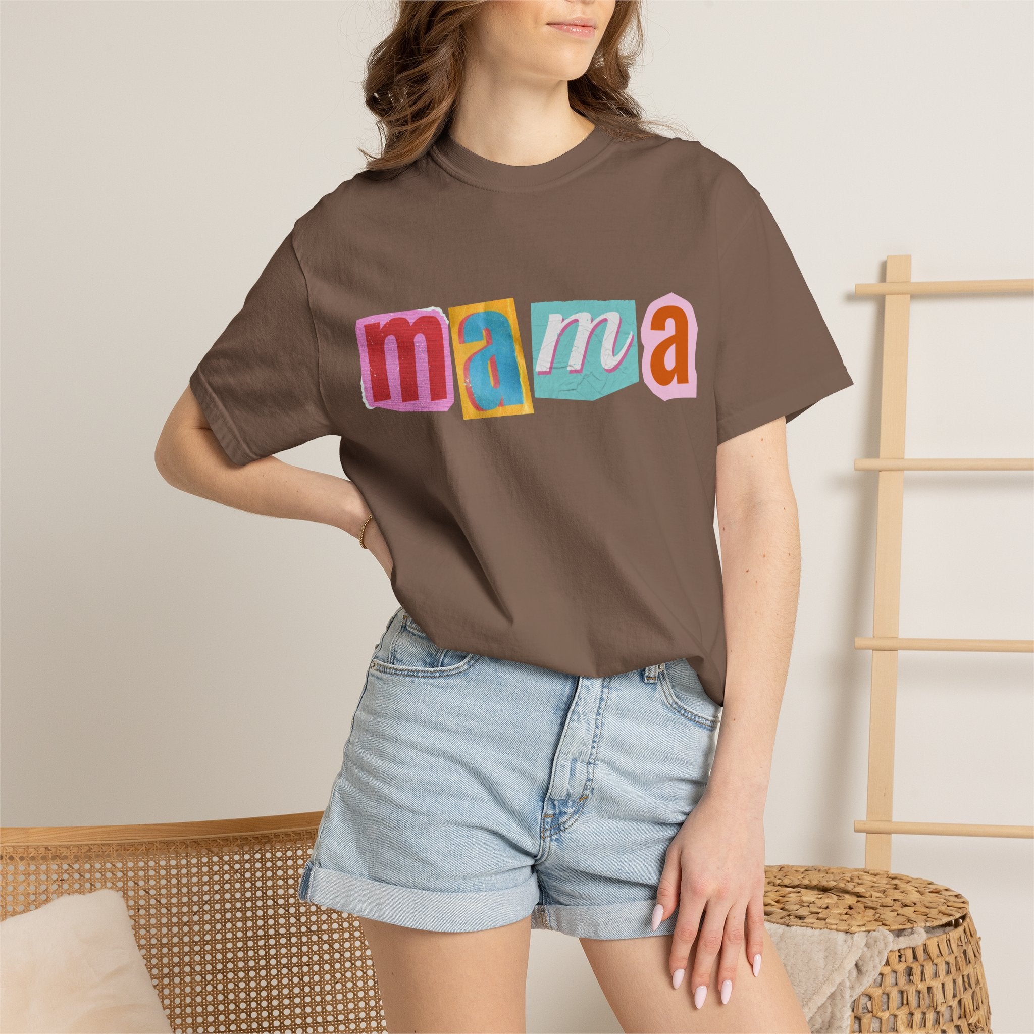 Mama Colorblock T-Shirt — Retro Patch Lettering Tee for Moms