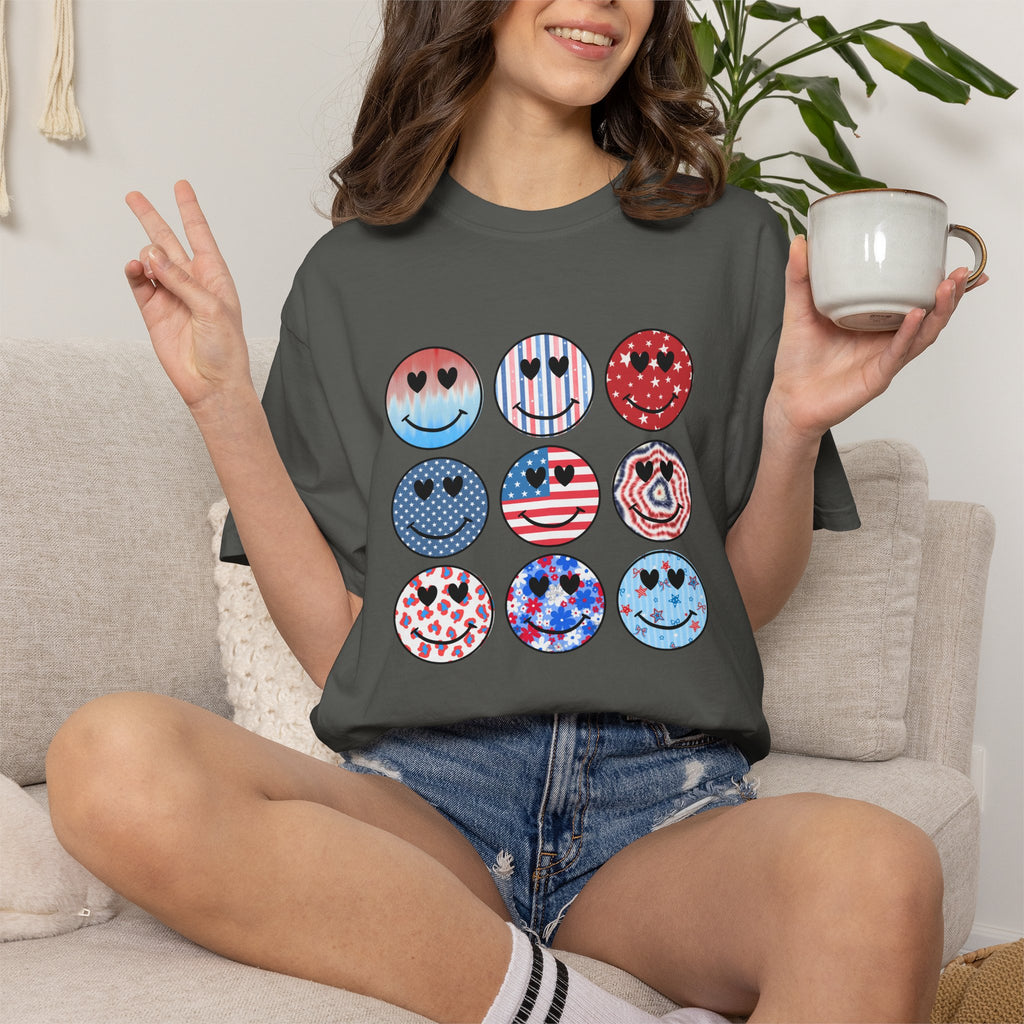 Smiley Icon Grid T-Shirt — Patriotic & Hearts Graphic Tee