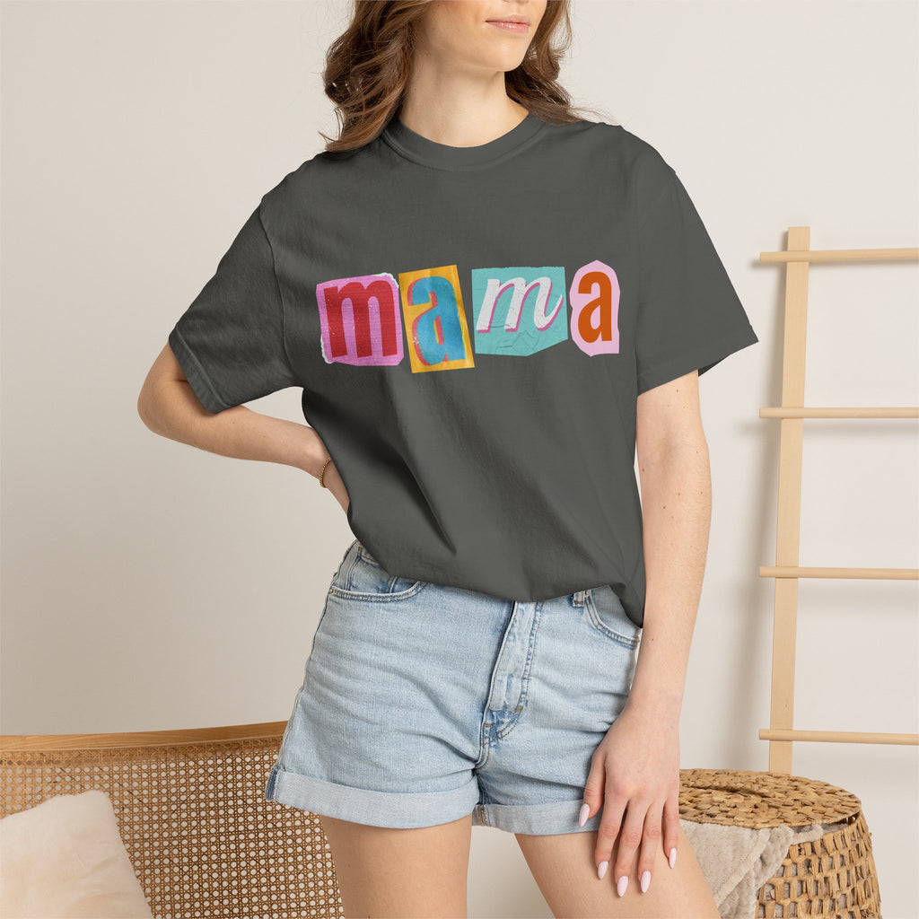 Mama Colorblock T-Shirt — Retro Patch Lettering Tee for Moms