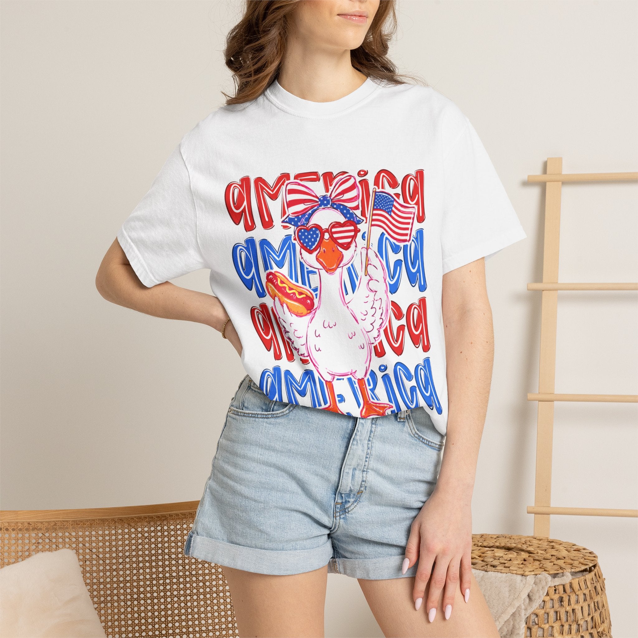 America Duck T-Shirt — Patriotic Funny Duck with Sunglasses & Hot Dog