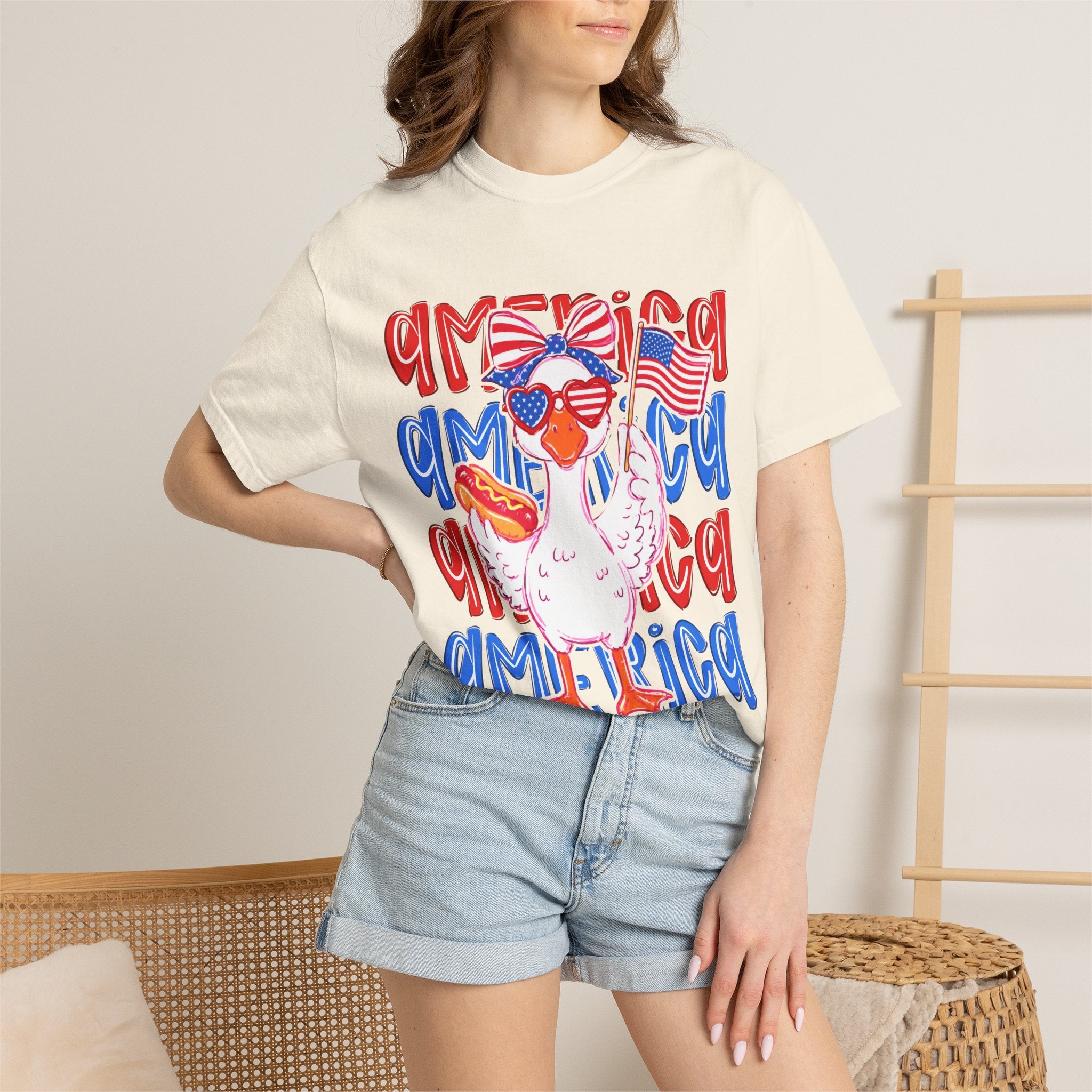 America Duck T-Shirt — Patriotic Funny Duck with Sunglasses & Hot Dog