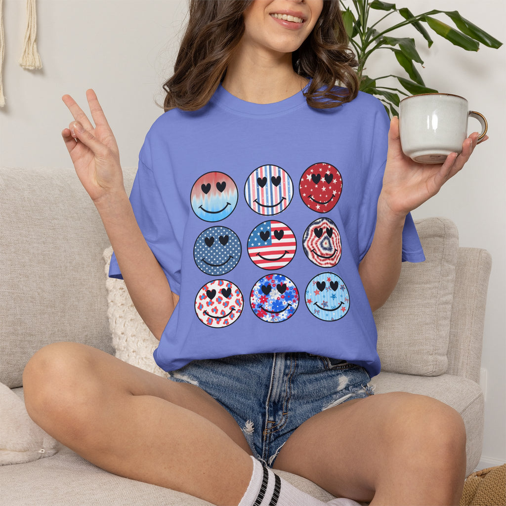 Smiley Icon Grid T-Shirt — Patriotic & Hearts Graphic Tee