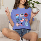 Smiley Icon Grid T-Shirt — Patriotic & Hearts Graphic Tee