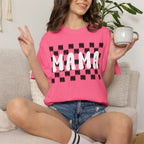 Mama Checkered T‑Shirt — Retro Mom Graphic Tee (Burnt Orange)
