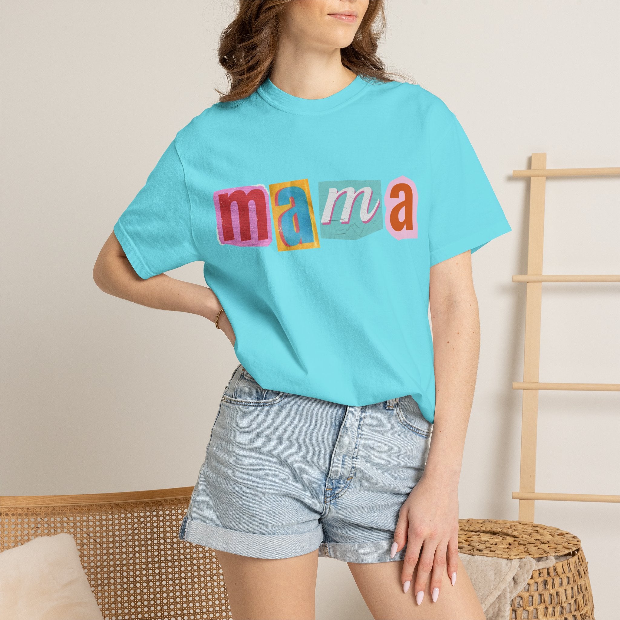 Mama Colorblock T-Shirt — Retro Patch Lettering Tee for Moms