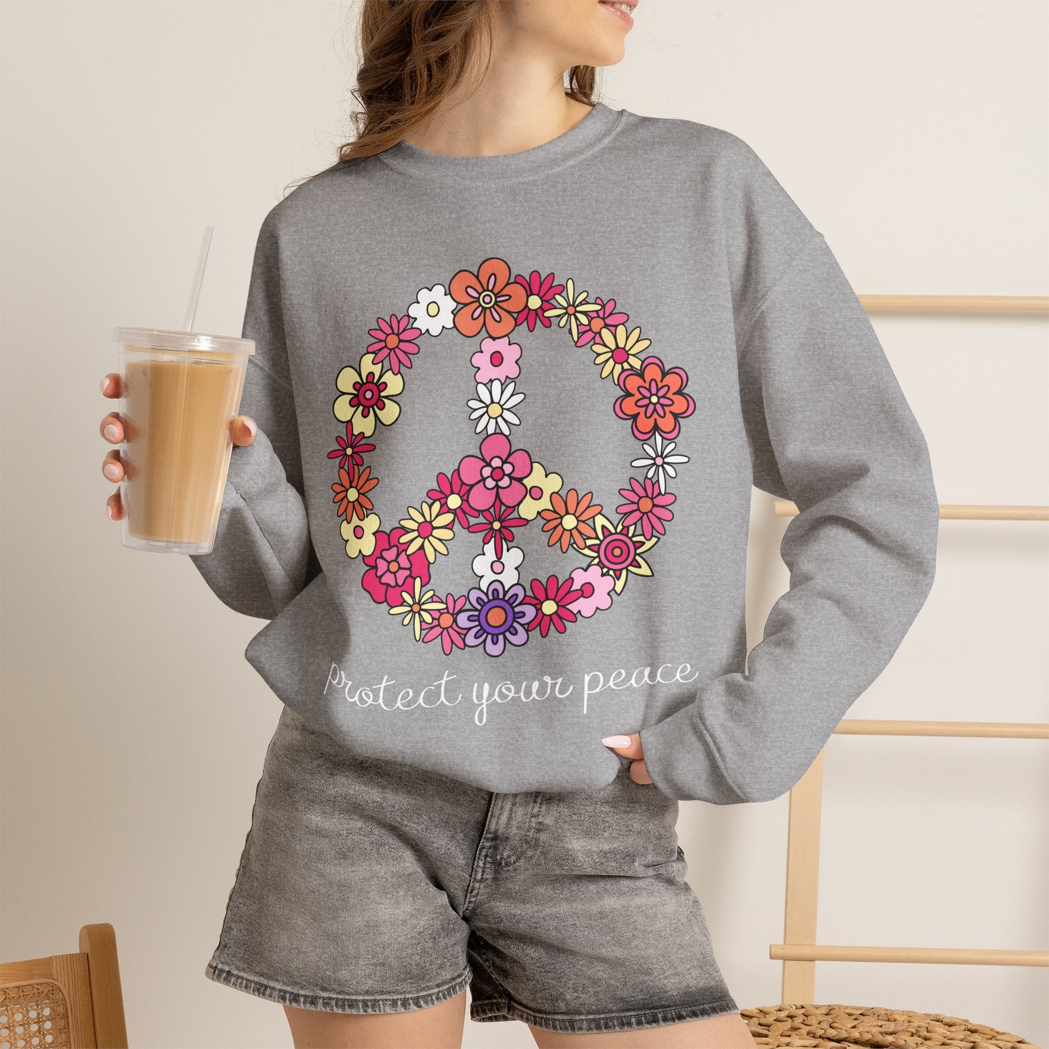 Peace Flower Sweatshirt — "Protect Your Peace" Floral Peace Sign Crewneck