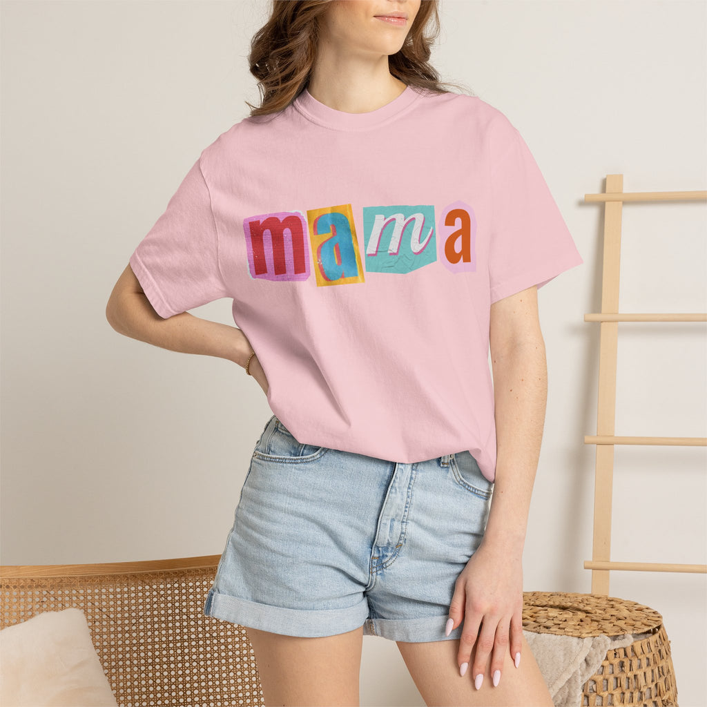 Mama Colorblock T-Shirt — Retro Patch Lettering Tee for Moms
