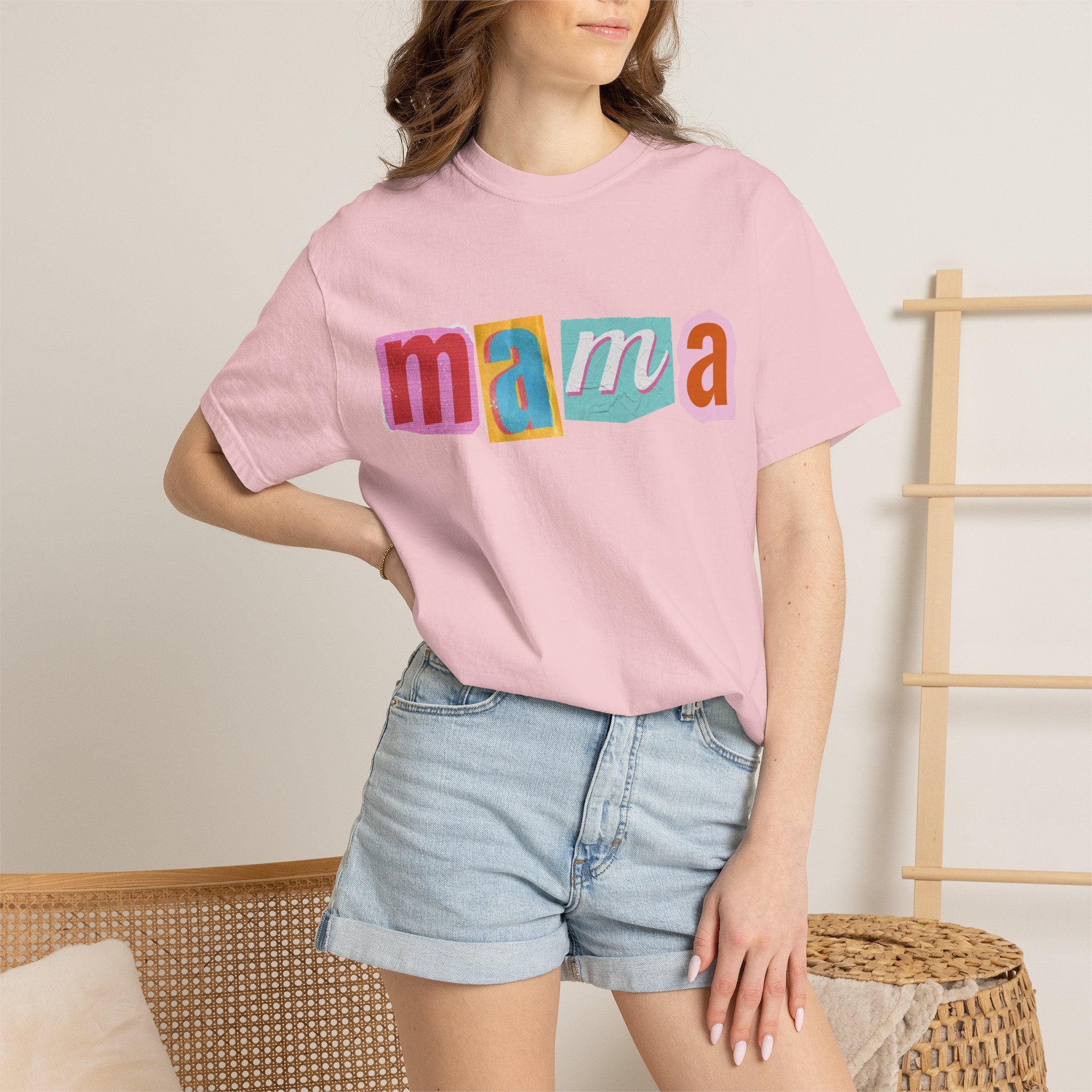 Mama Colorblock T-Shirt — Retro Patch Lettering Tee for Moms